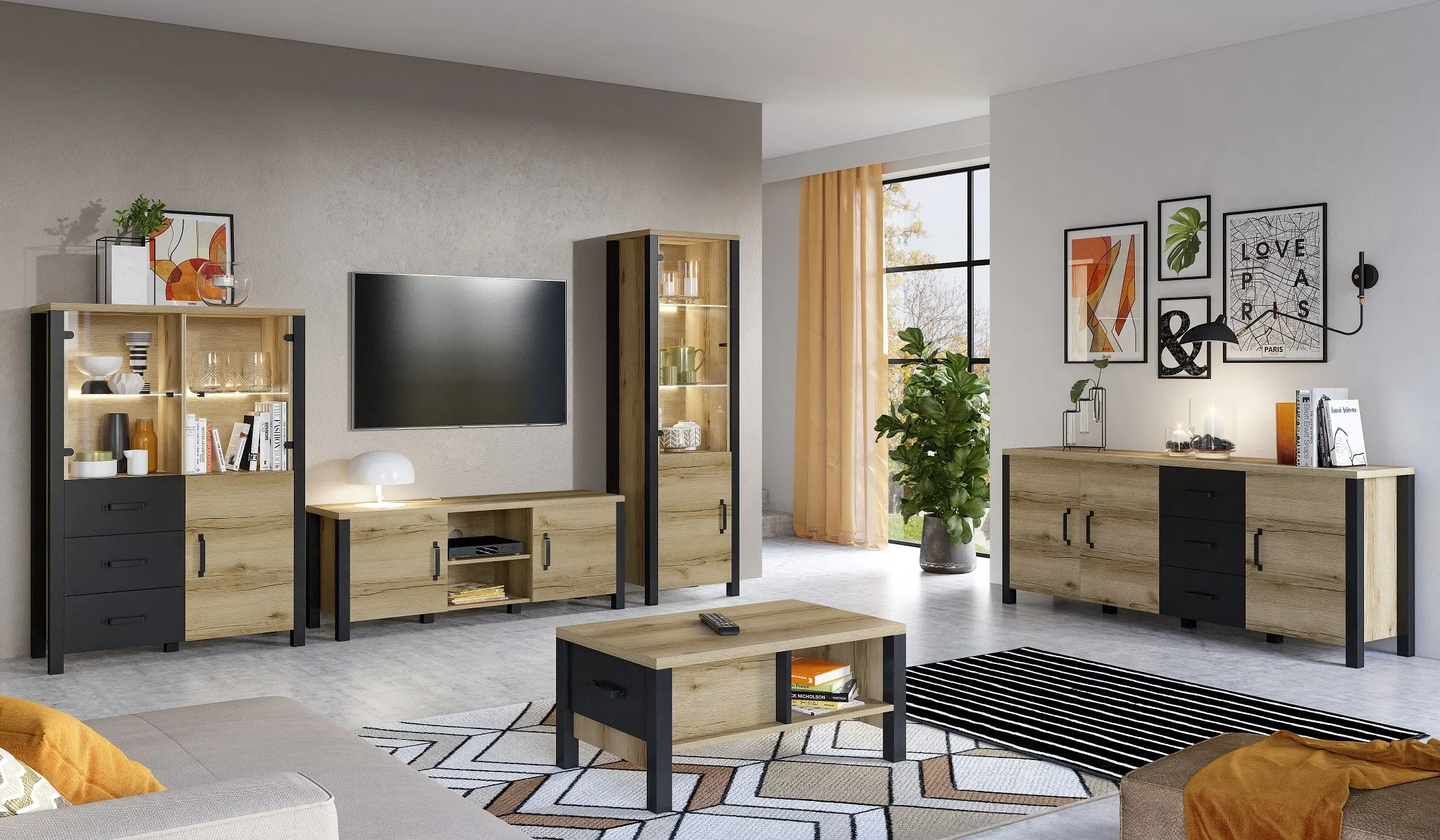 Komoda 3-drzwiowa OLIN 192 cm czarna dąb grand naturalny - 24NWJC47