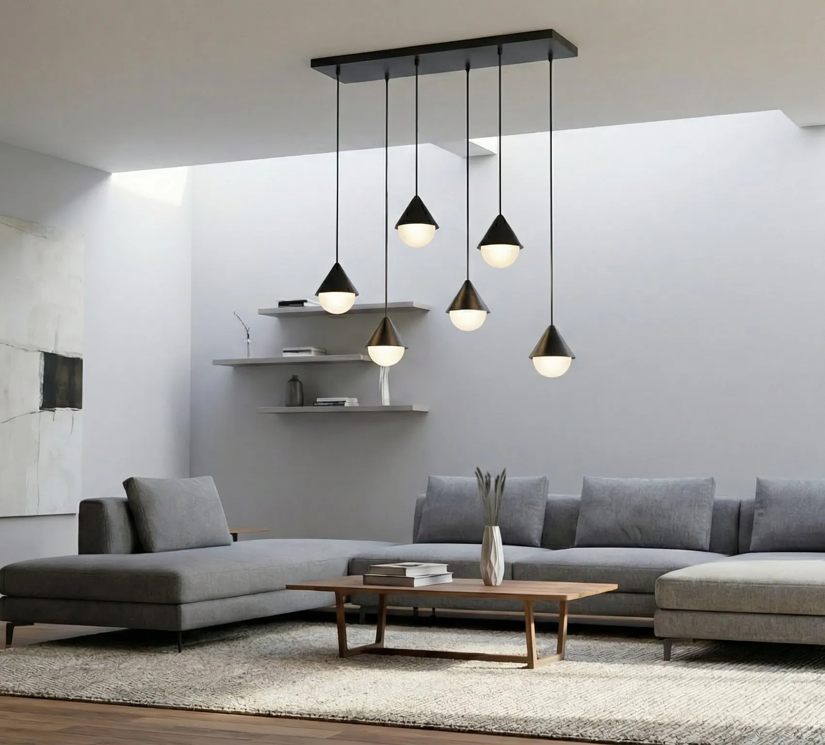 image lampa wisząca, kuleczkowy pendrive, półka ścienna, sofa narożna, stolik kawowy