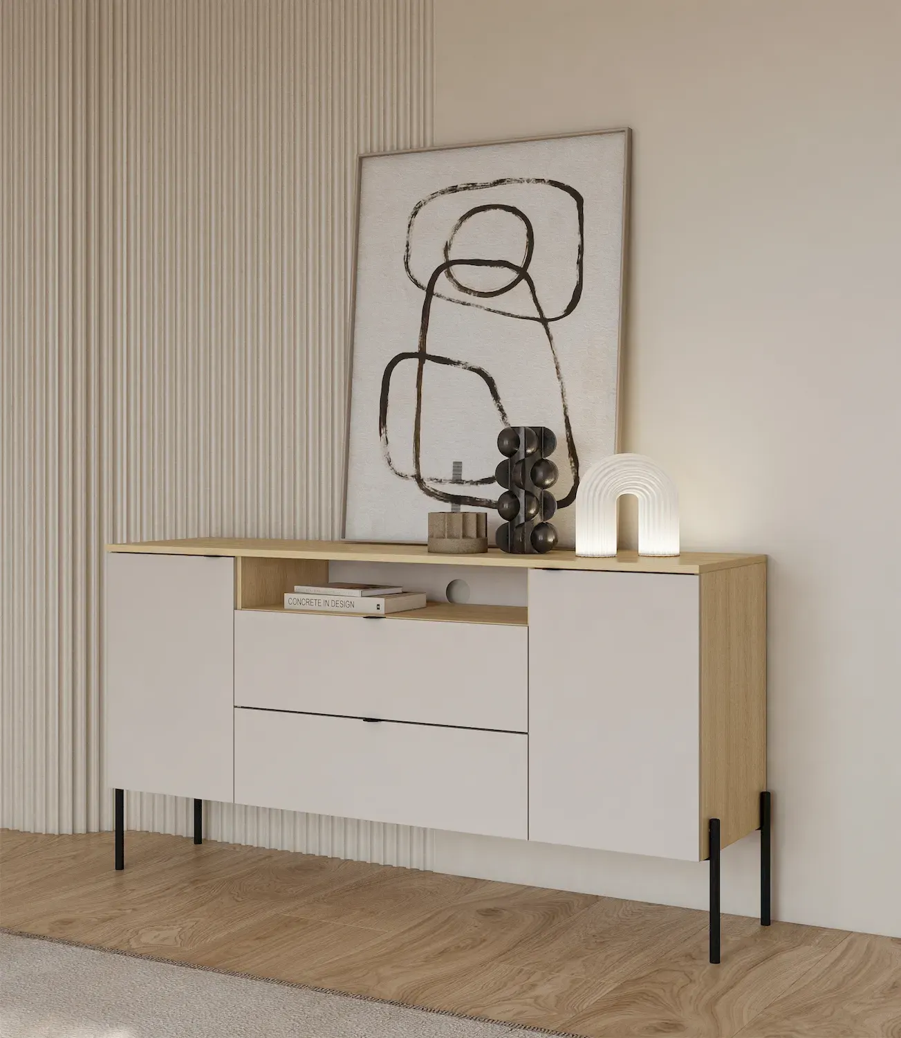 Komoda 2-drzwiowa z 2 szufladami i wnęką ORE 140 cm dąb lindberg kaszmir czarne nóżki - 24LKOG26