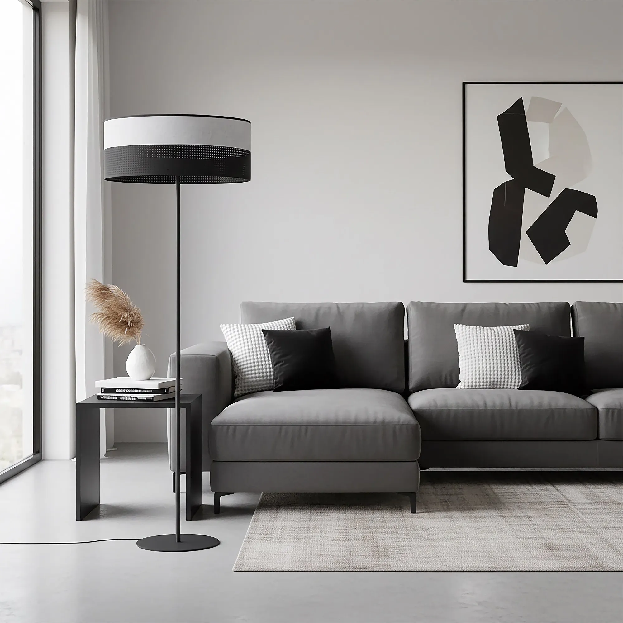 image sofa, narożnik, szary, pokój dzienny, poduszki-wzory