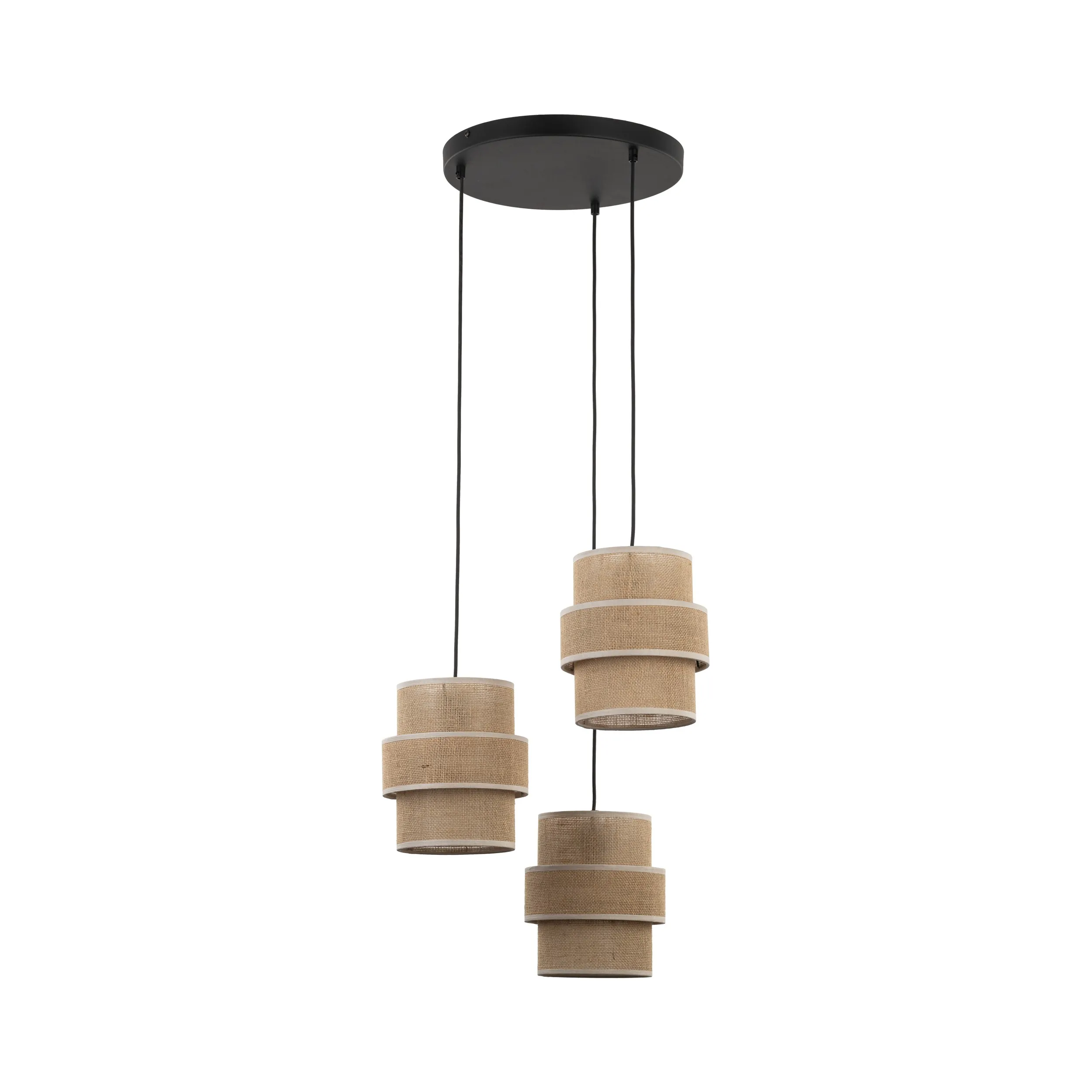 Lampa wisząca CALISTO czarna z trzema brązowymi kloszami z tkaniny juta 145x45cm
