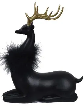 Figurka RENIFER LEŻĄCY mały ze złotym porożem i futerkiem czarny