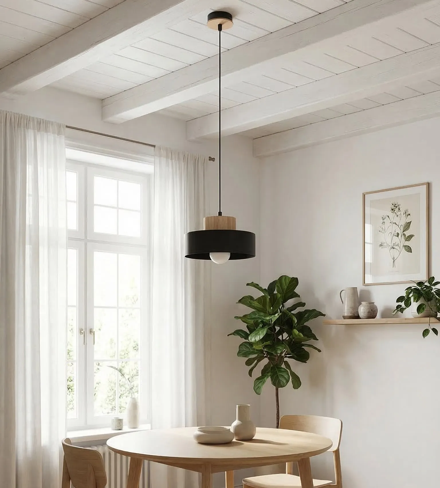 lampa wisząca, czarna lampa, kinkiet, drewniane akcenty, salon minimalistyczny