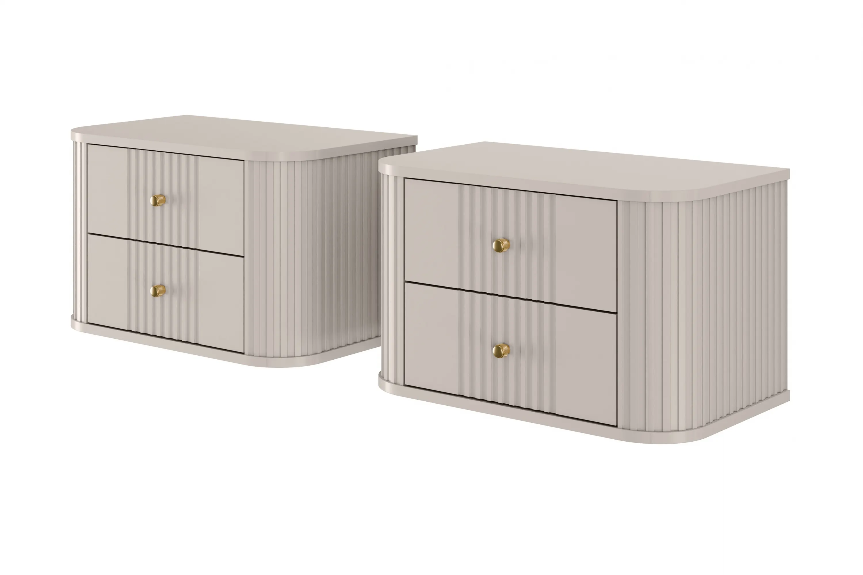 Szafka nocna wisząca z 2 szufladami VESPER 56 zestaw 2 sztuk ryflowany front cashmere cashmere złote uchwyty Meble, Szuflada, Gabinet, Kredens