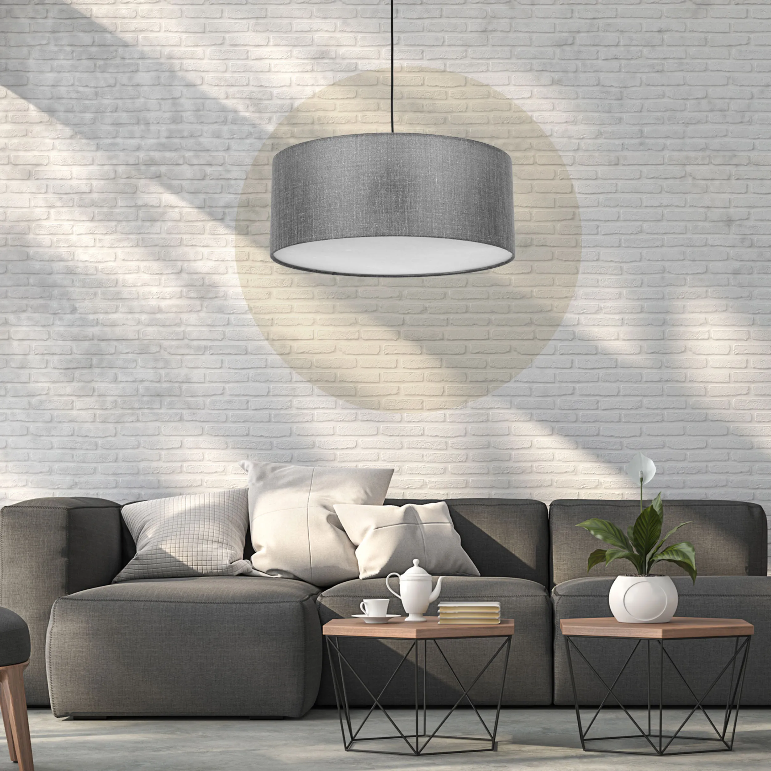 Lampa wisząca EARTH szary okrągły klosz z tkaniny z białym elementem czarna podstawa i przewód 110x50cm - TK_4654