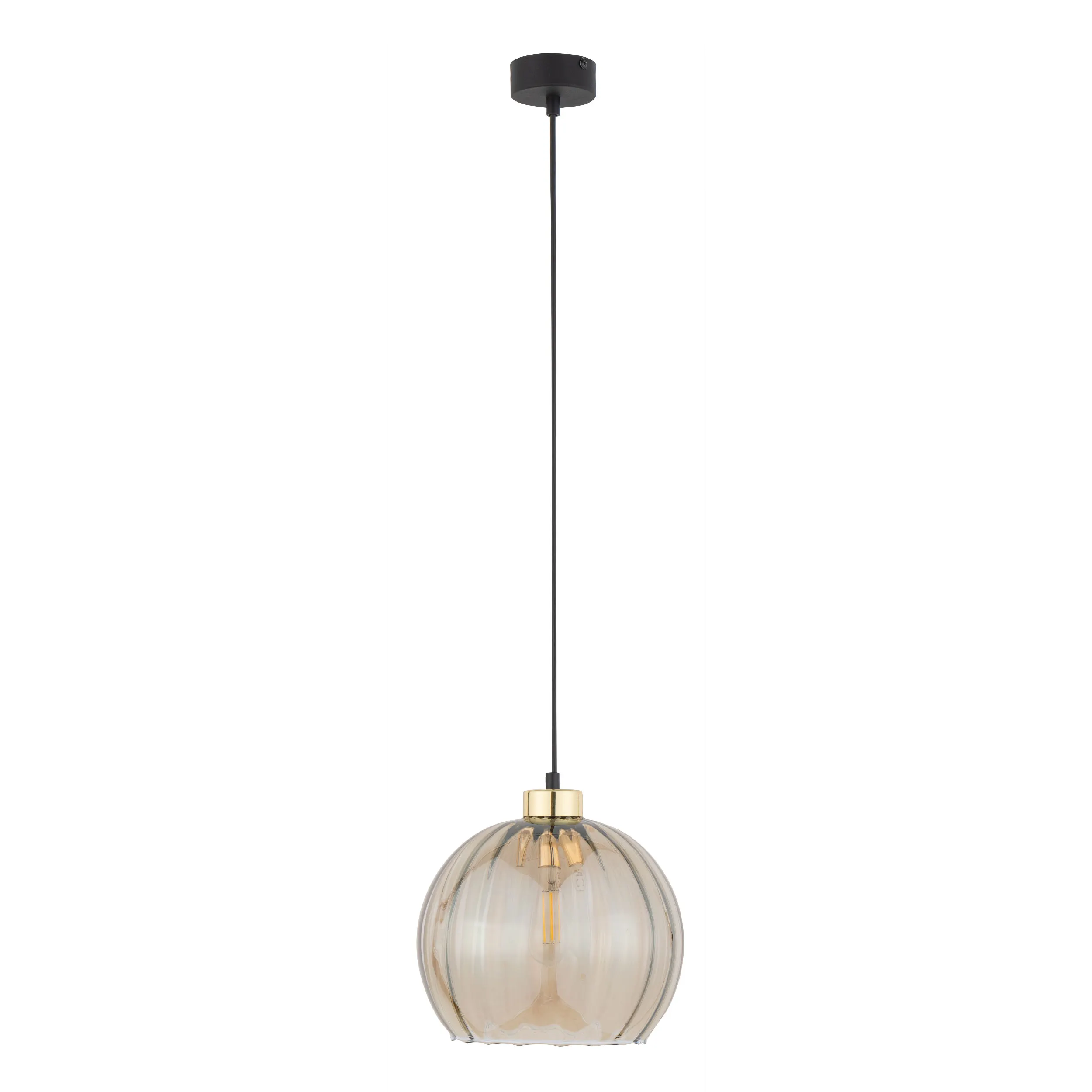 Lampa wisząca DEVI czarna ze złotym elementem bursztynowym okrągłym kryształowym kloszem 170x25cm - TK_4636