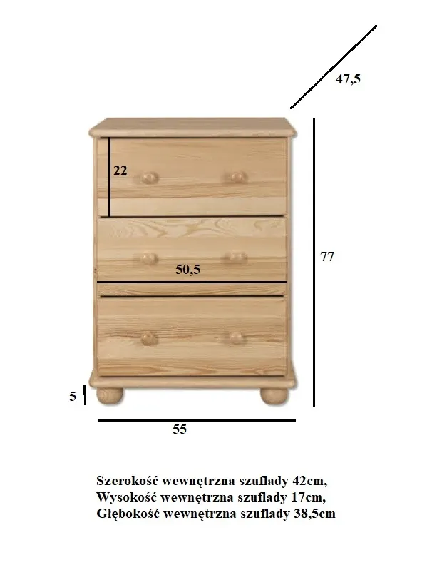KD107_WYMIARY KD107 komoda S55 W78 G47 sosna naturalny DREWMAX - 00692