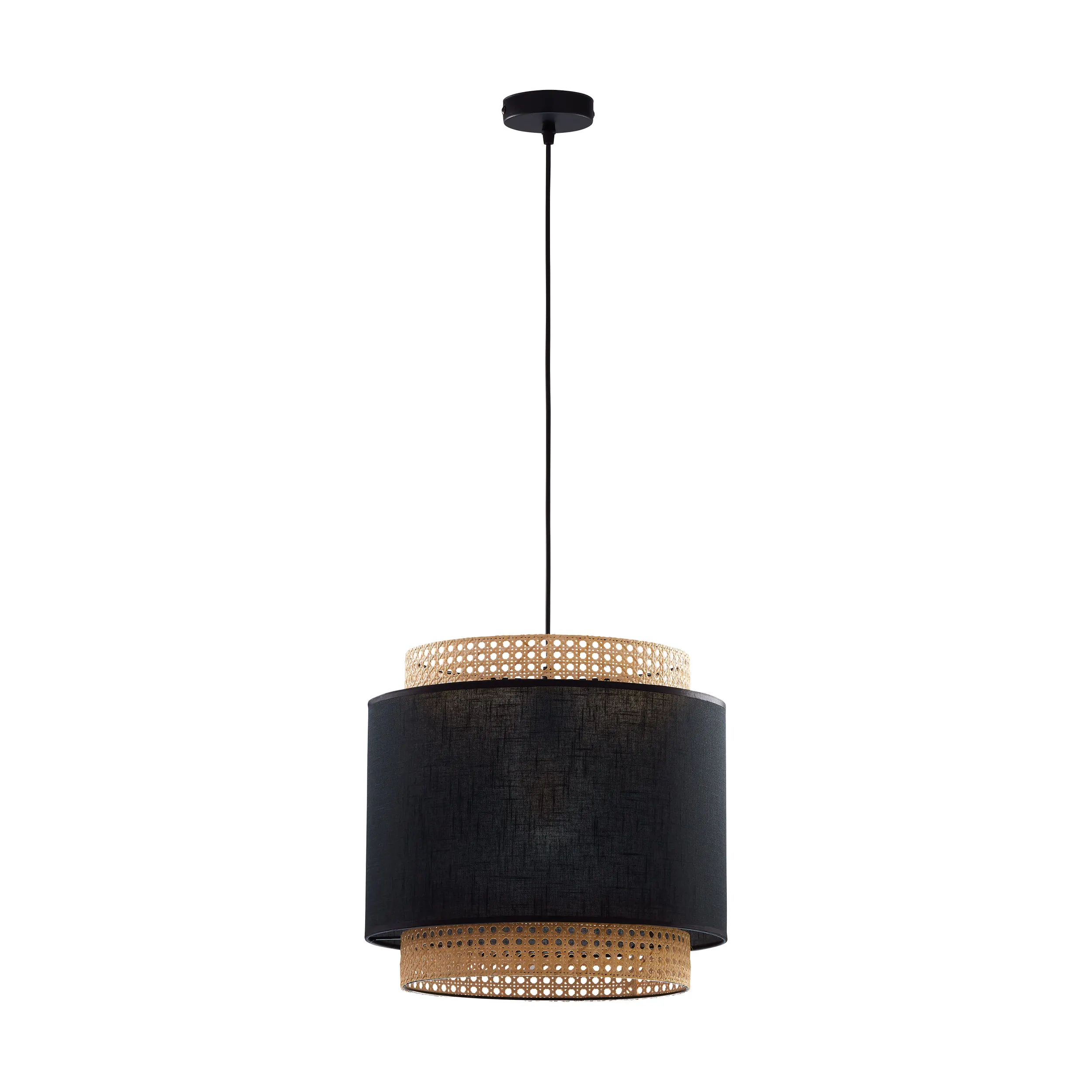 Lampa wisząca BOHO czarna podstawa przewód i część klosza z tkaniny wewnątrz rattan 175x38cm