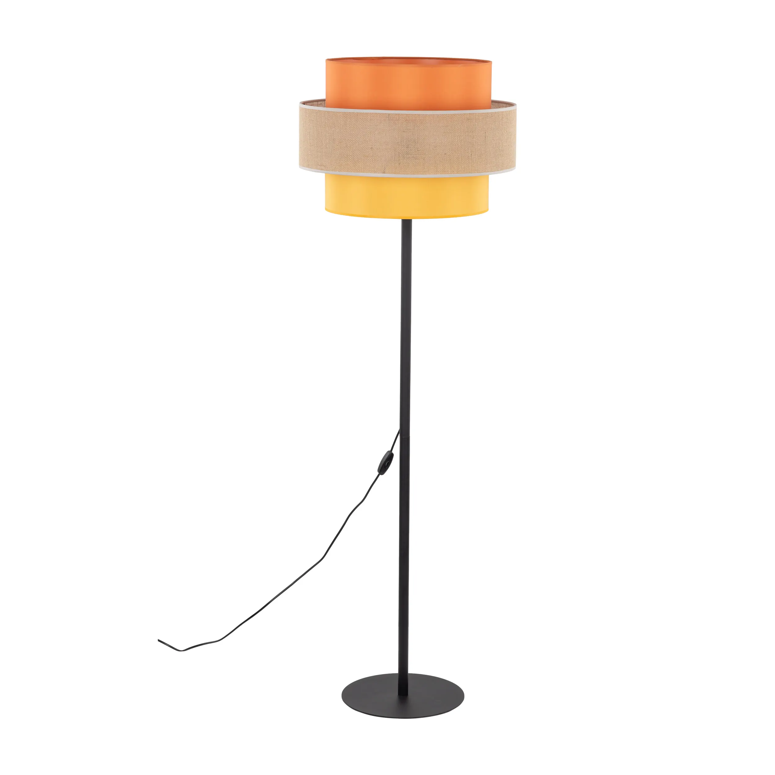 Lampa podłogowa TRIO JUTA MIX na czarnej metalowej podstawie z wielokolorowym żółtym pomarańczowym rattanowym okrągłym abażurem z tkaniny 159x50cm