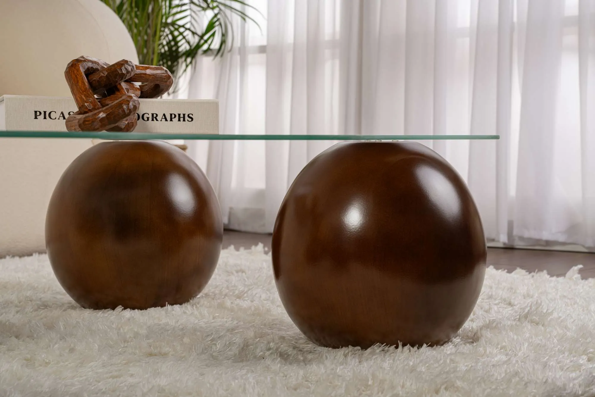 Stolik kawowy NOXA 80x120 cm nogi kuliste orzech blat transparentny - ASI_857NRD1135