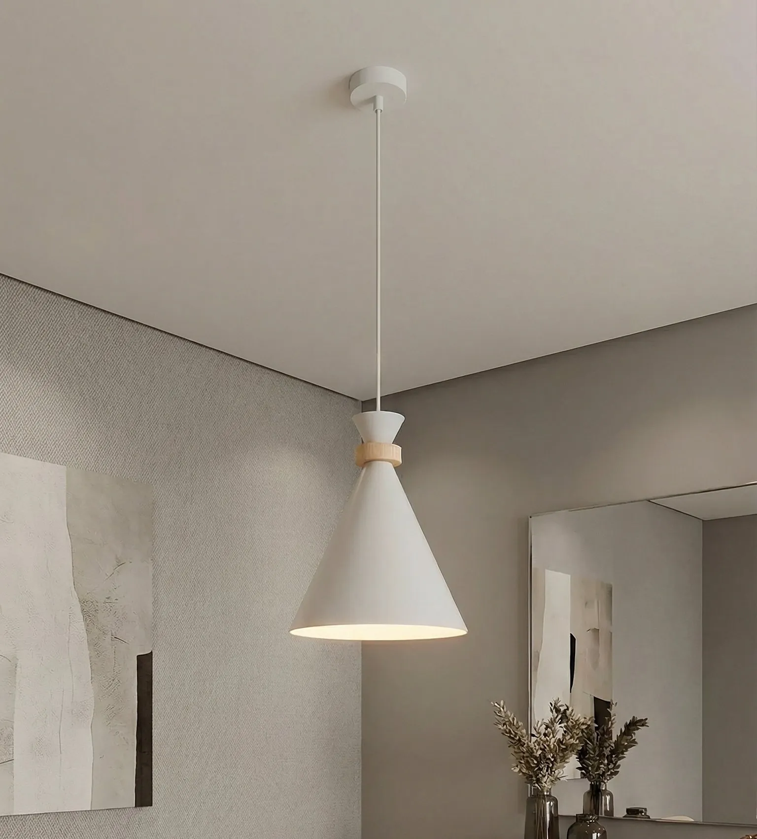 lampa wisząca, konstrukcja metalowa, kolor biały, minimalistyczna lampa, drewniany pierścień
