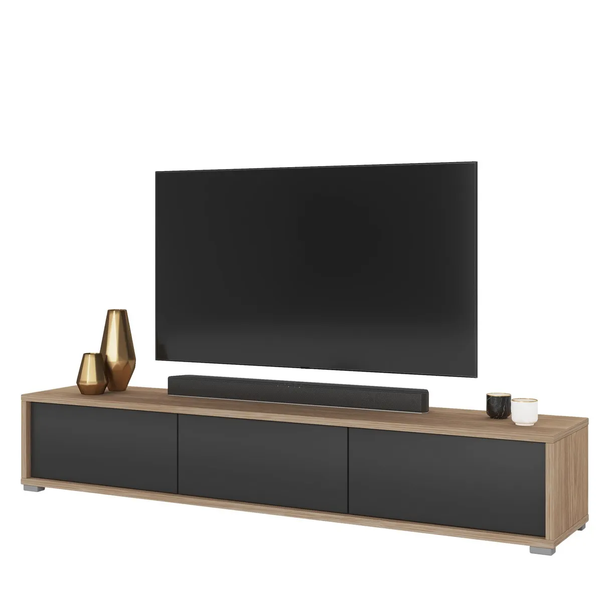 Szafka RTV FRIDA z opcją podwieszenia 2-drzwiowa z 2 szufladami dąb olejowany antracyt 180x36x32cm