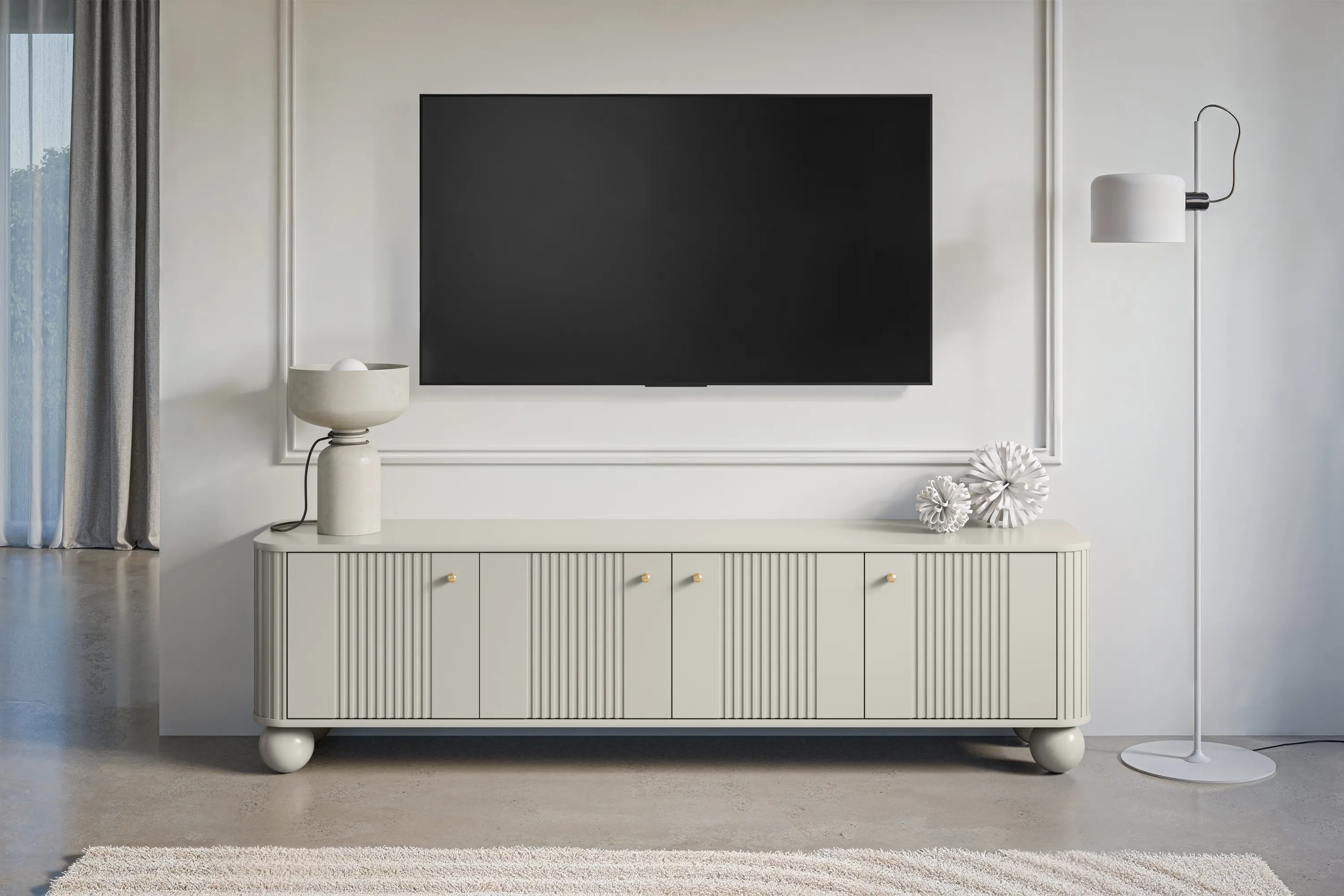 Szafka RTV 4-drzwiowa VESPER RTV 187 ryflowany front cashmere złote uchwyty nogi kule - B_163723