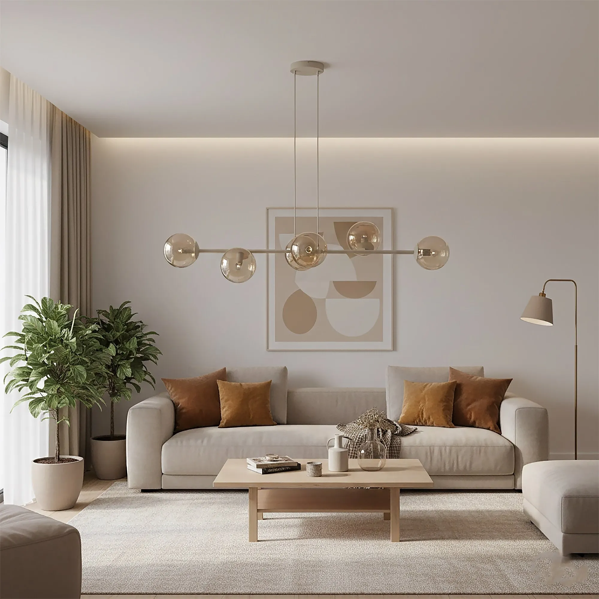 salon, sofa, jasny, poduszki, oświetlenie