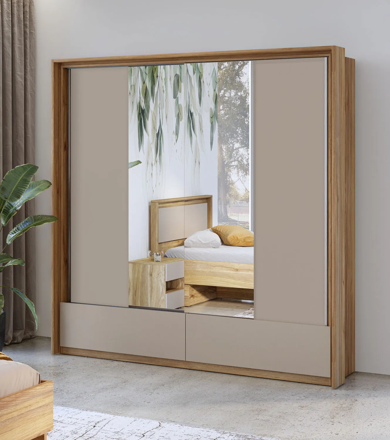 Szafa 2-drzwiowa z lustrem i szufladami IMPRESSIO 209x219 dąb mauvella congo - 24MCNJ63