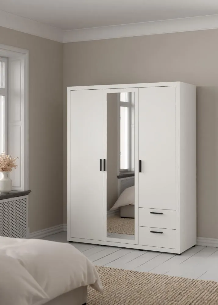 Szafa 3-drzwiowa z 2 szufladami i lustrem MIRA 154 cm biała - TV_712414949