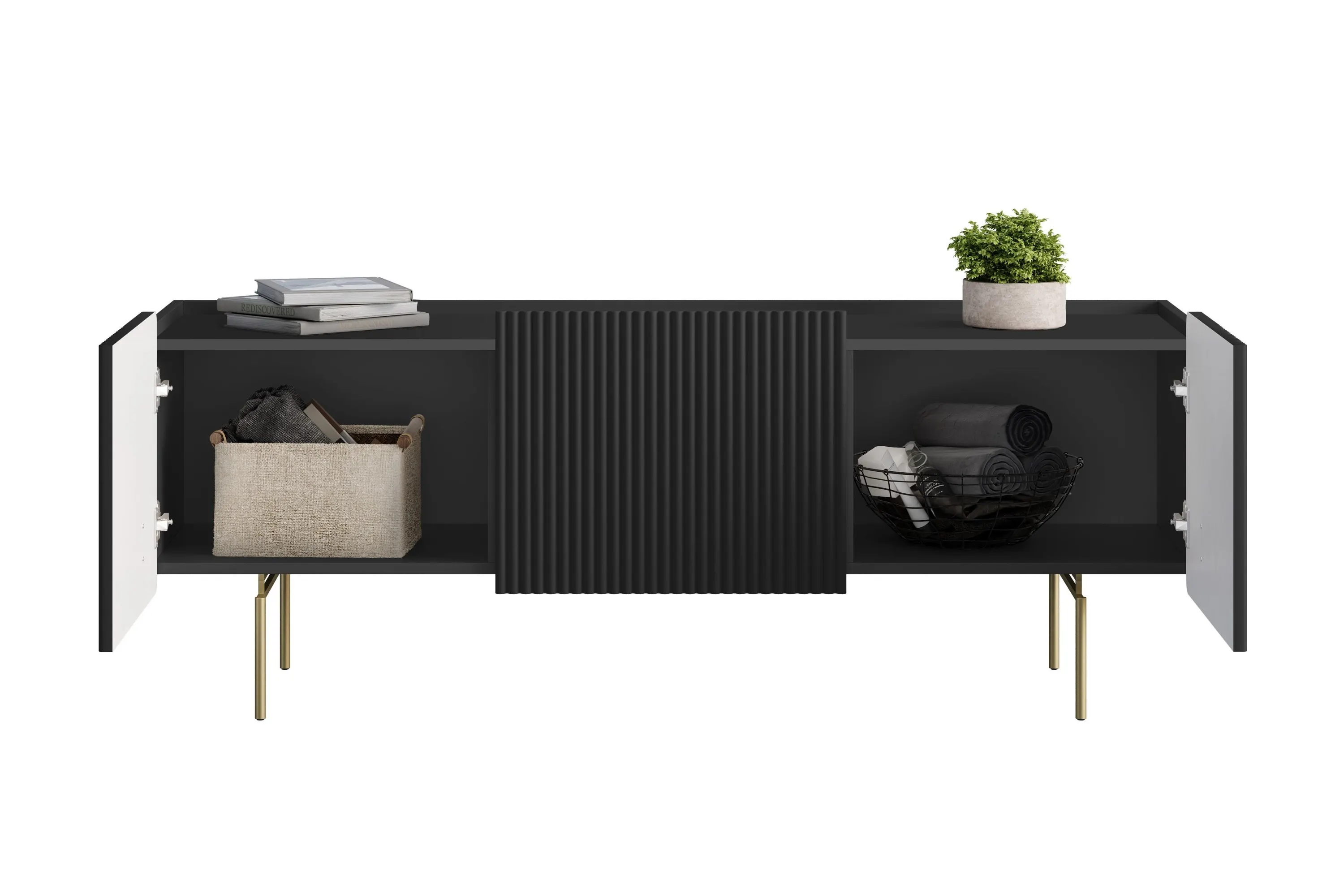 Szafka RTV 2-drzwiowa z 1 szufladą MALMI 150cm - czarna - złote nogi - B_166987