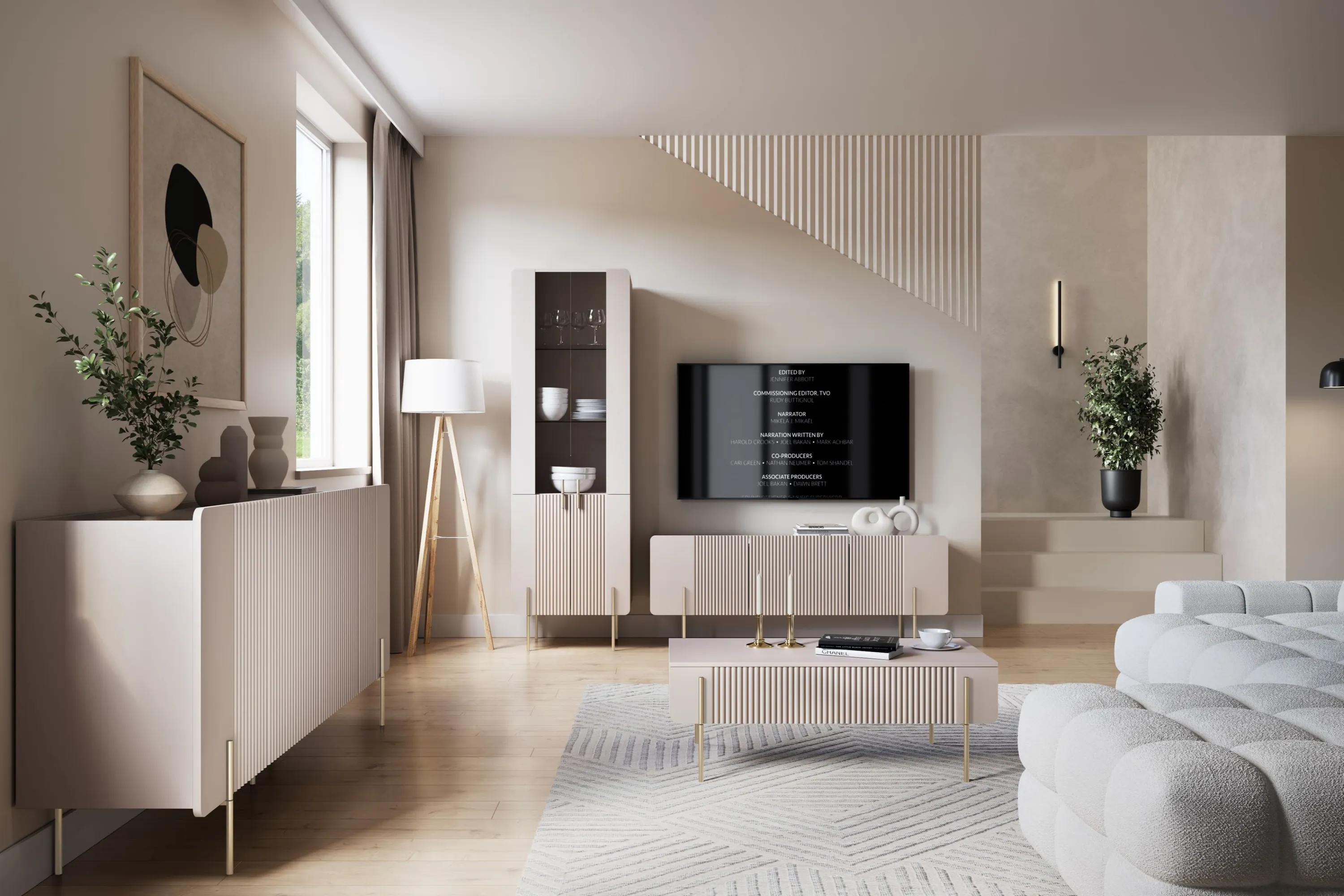 Szafka RTV 2-drzwiowa z 1 szufladą MALMI 150cm - kaszmirowa złote nogi - B_167034