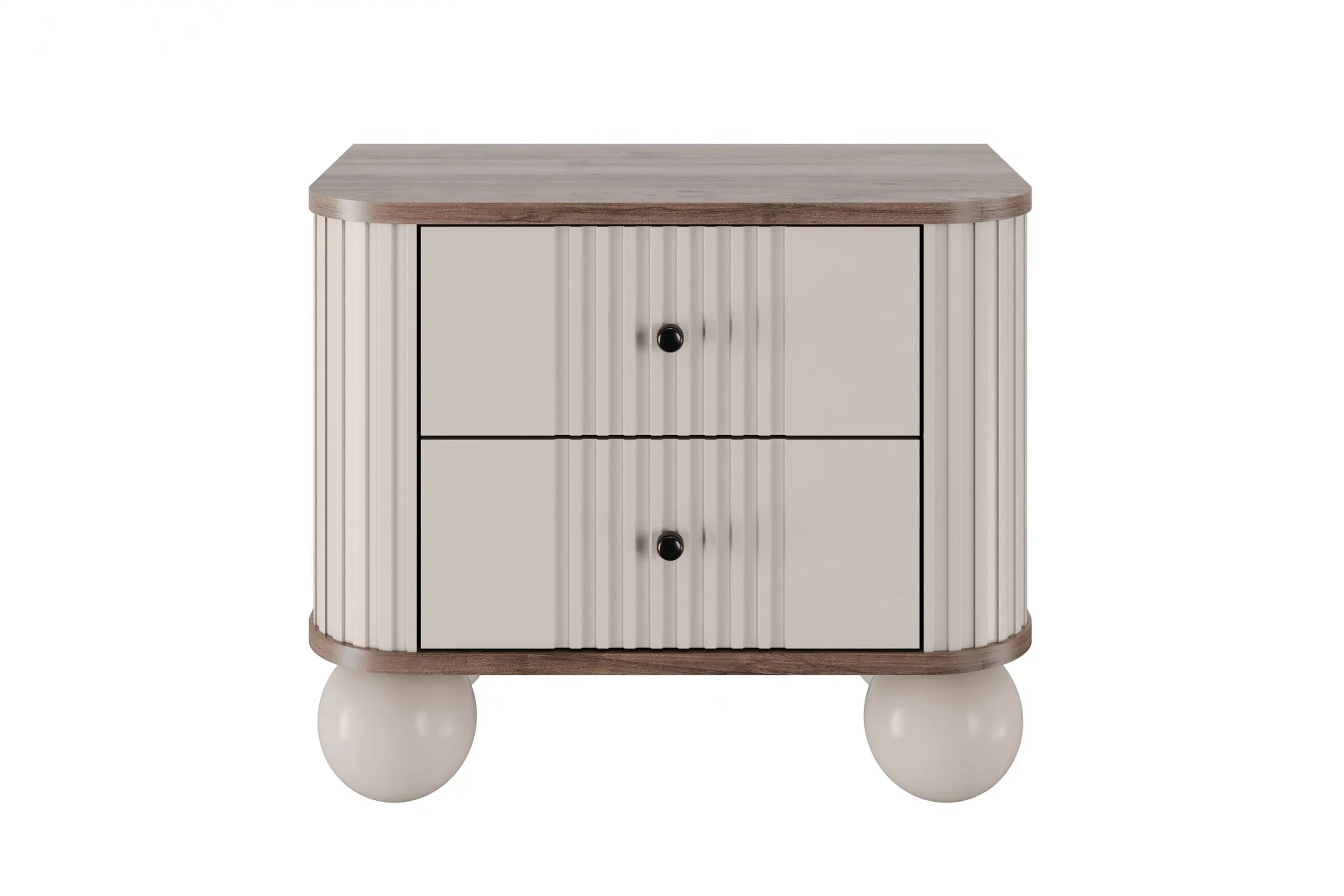 Szafka nocna z 2 szufladami VESPER 56 zestaw 2 sztuk ryflowany front cashmere orzech czarne uchwyty nogi kule - B_163839