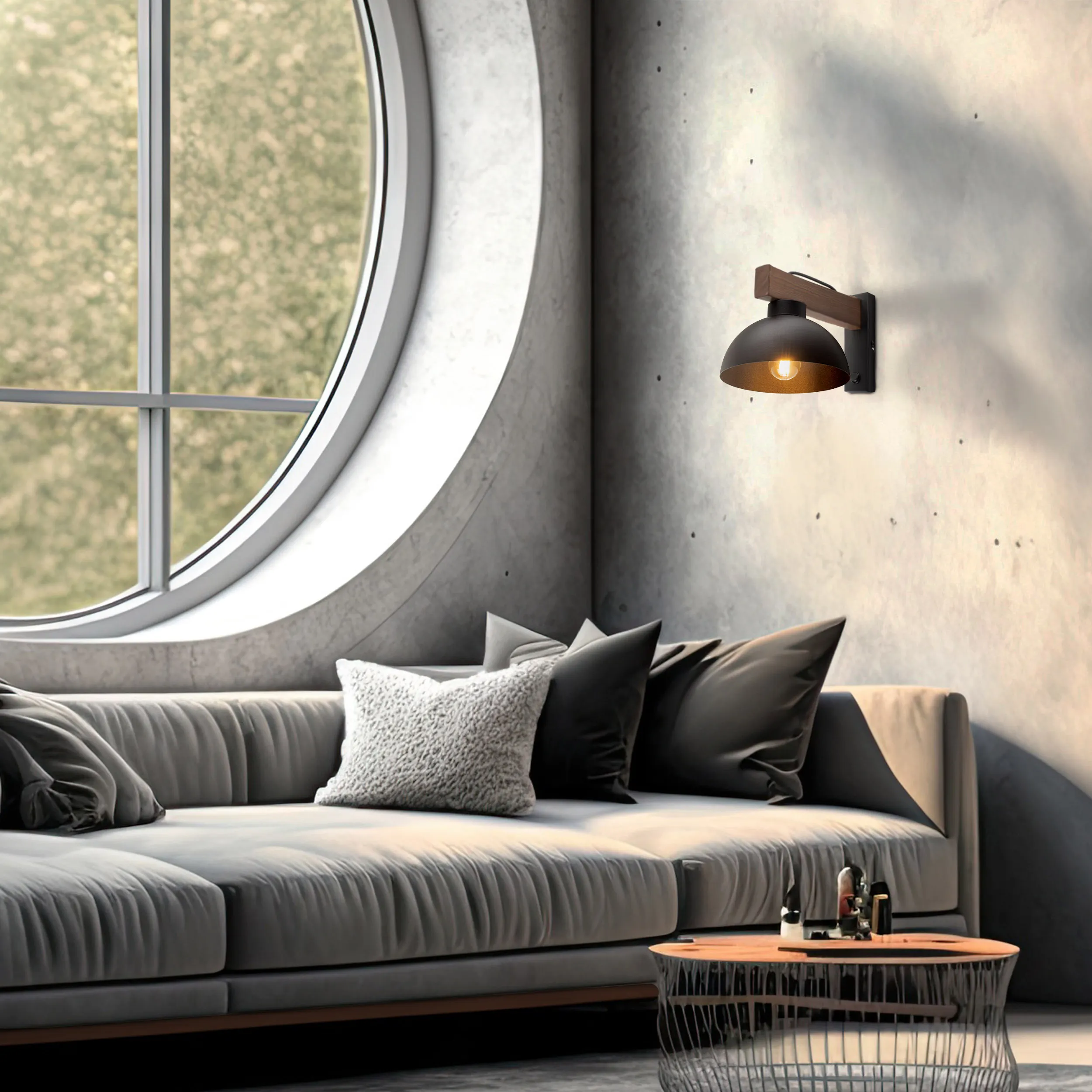 Kinkiet OSLO czarny na drewnianym ramieniu z ciemnego orzecha z włącznikiem 28x18x16cm - TK_4963