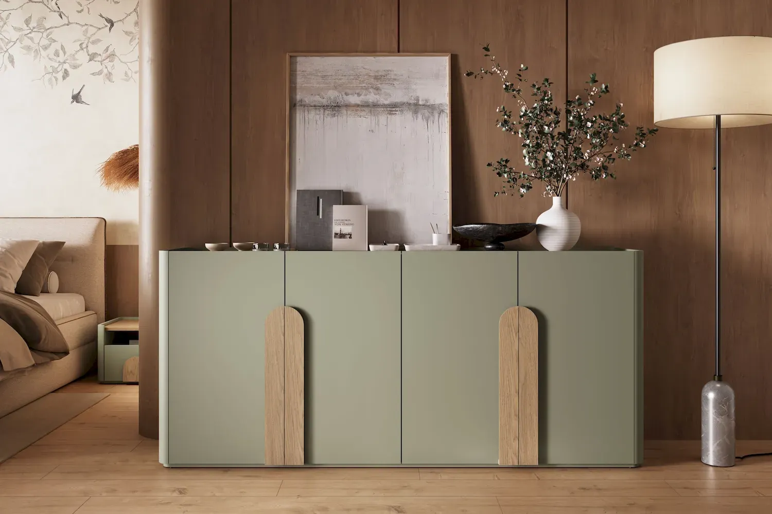 Komoda 4-drzwiowa AMILIO 200 - eukaliptus dąb baltic dune uchwyty dąb naturalny - B_167070