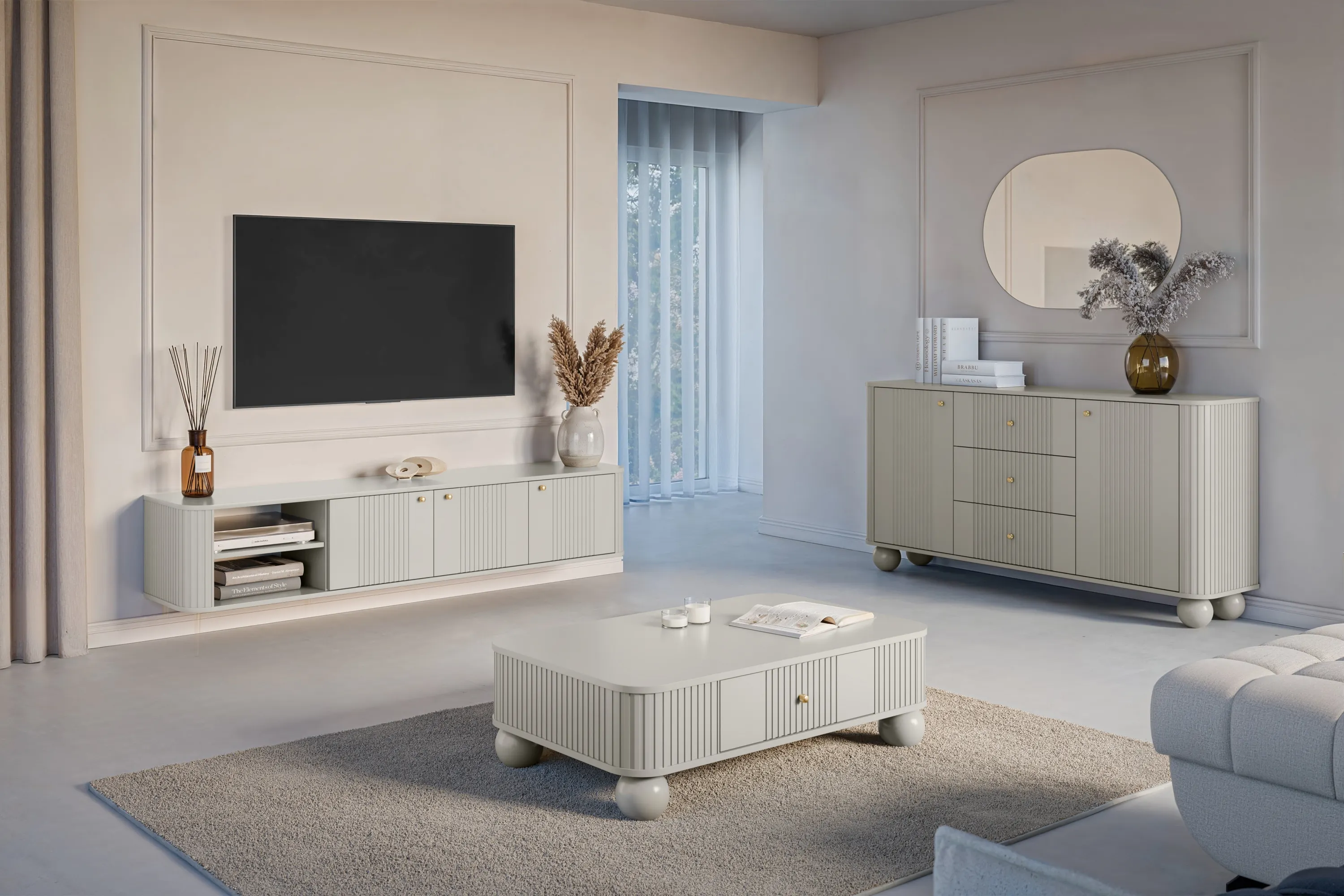 Szafka RTV wisząca 3-drzwiowa VESPER RTV 187 ryflowany front cashmere złote uchwyty - B_163662