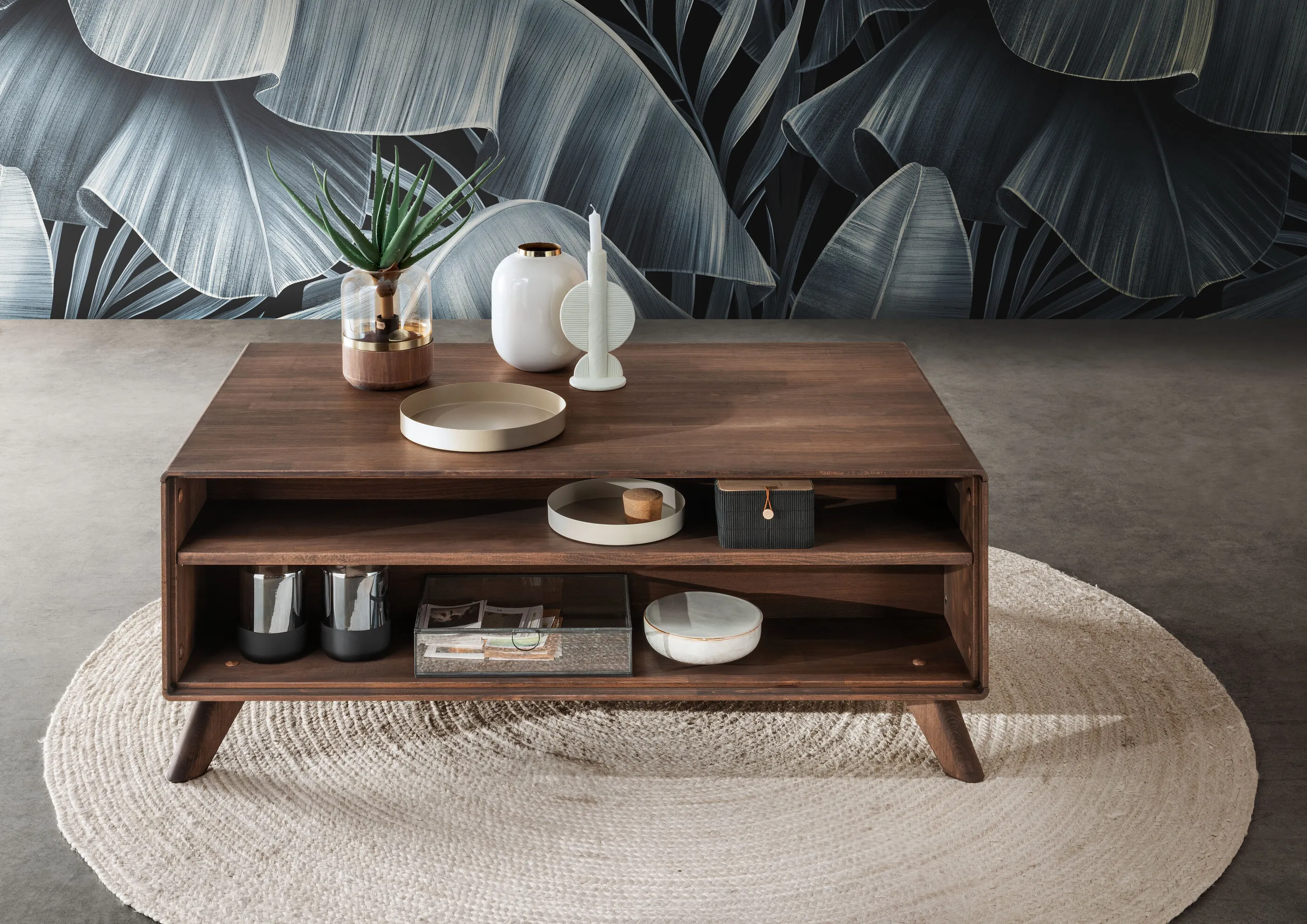 Stolik drewniany ryflowany BLISS 118x70 z półką i szafką - GK_103624130102