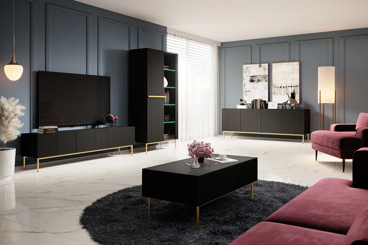 Witryna 2-drzwiowa NICOLE 100 - czarny mat - złoty stelaż - B_148114