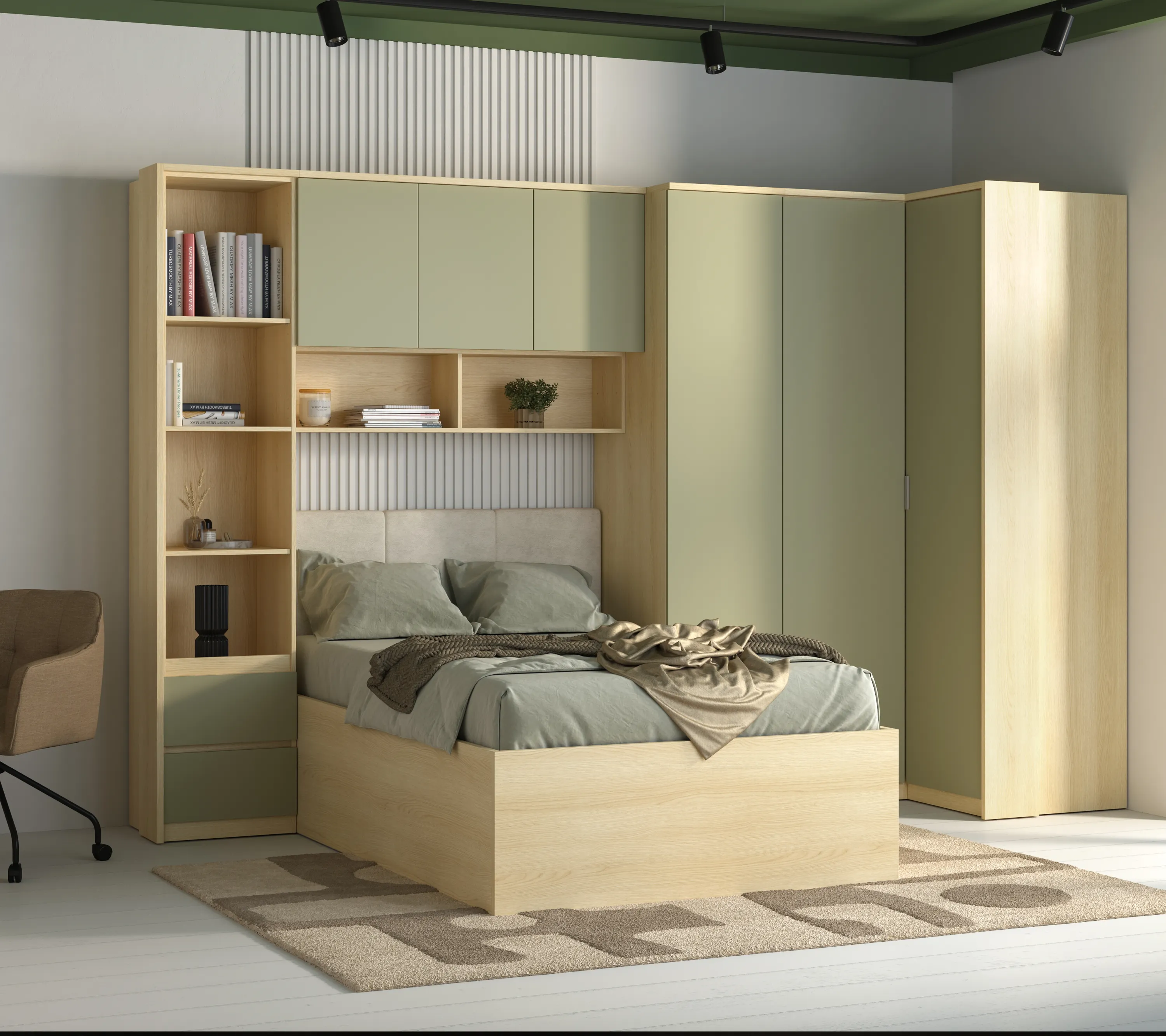 rama sypialniana, szafa, szafa z półkami, pościel, postarzany koloryt