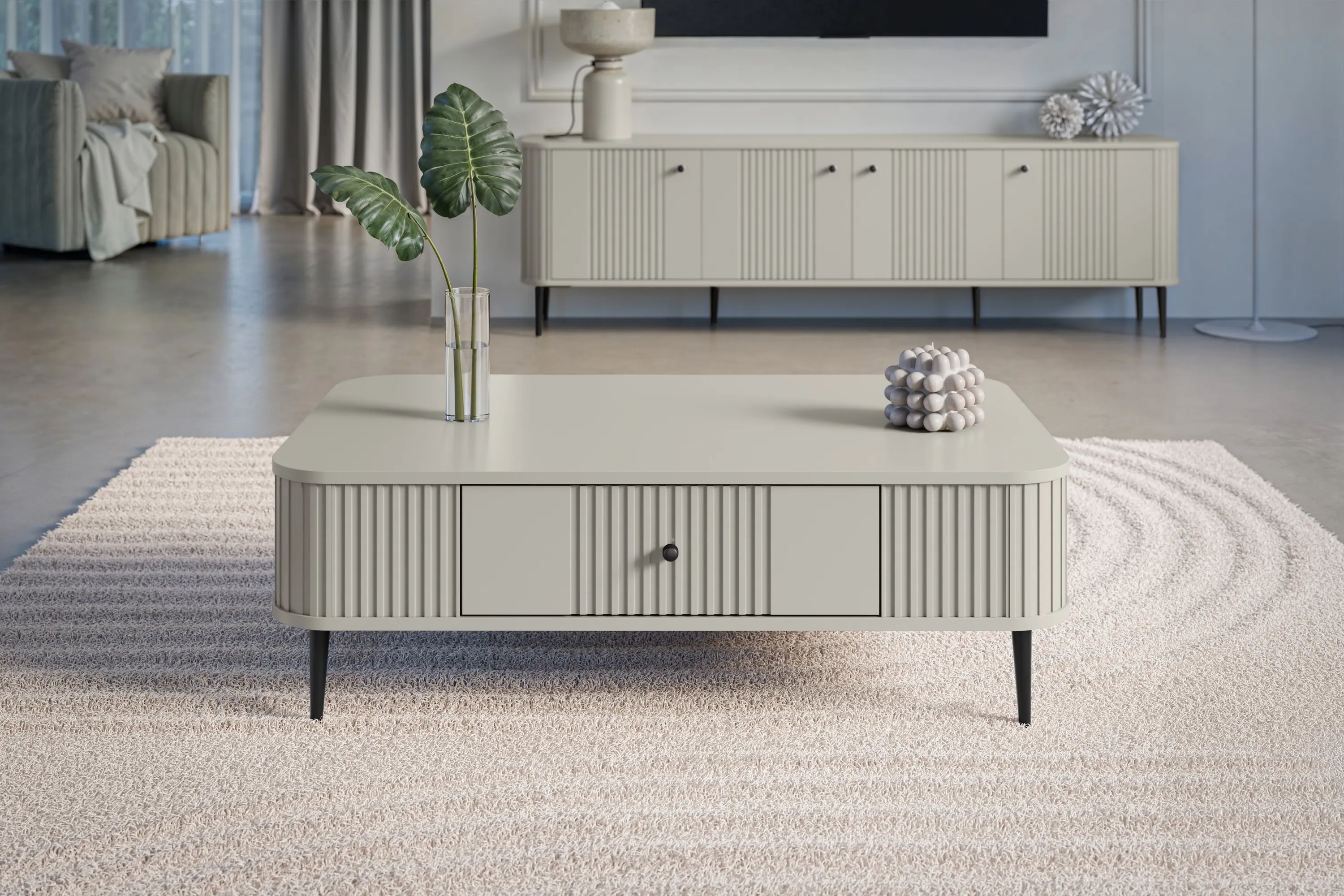 Stolik kawowy z szufladą VESPER 103 ryflowany front cashmere czarne nogi - B_163800