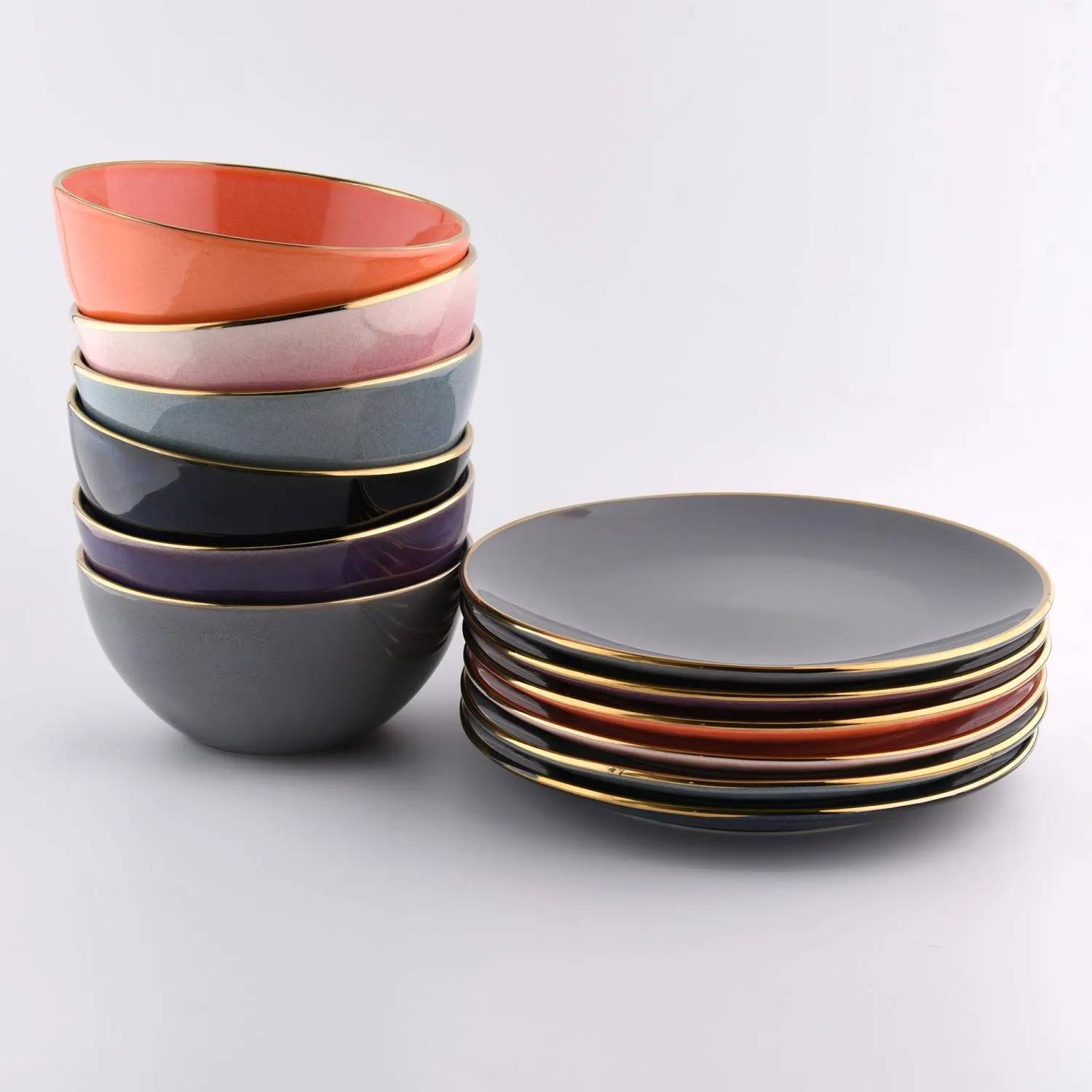 image naczynia, miski, zestaw talerzy, ceramiczne, kolorowe