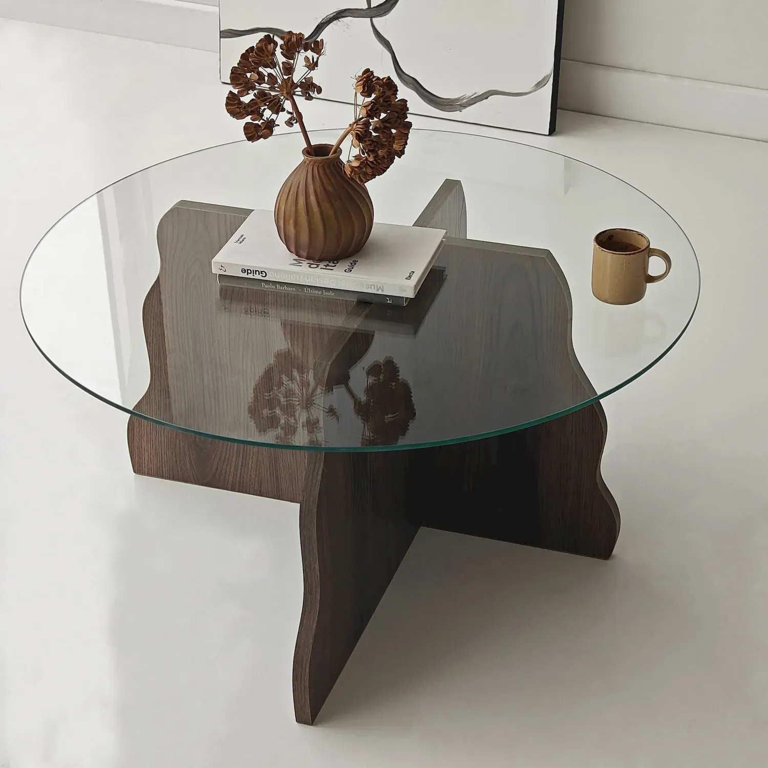 Stolik kawowy okrągły BUTTERFLY 75 cm orzech transparentny - ASI_552NOS2280