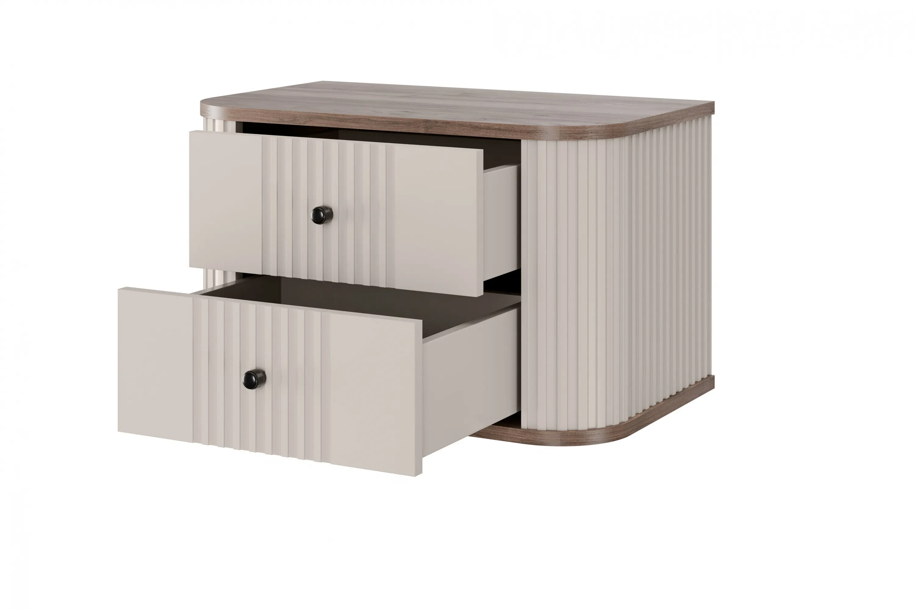 Szafka nocna wisząca z 2 szufladami VESPER 56 zestaw 2 sztuk ryflowany front cashmere orzech czarne uchwyty - B_163842