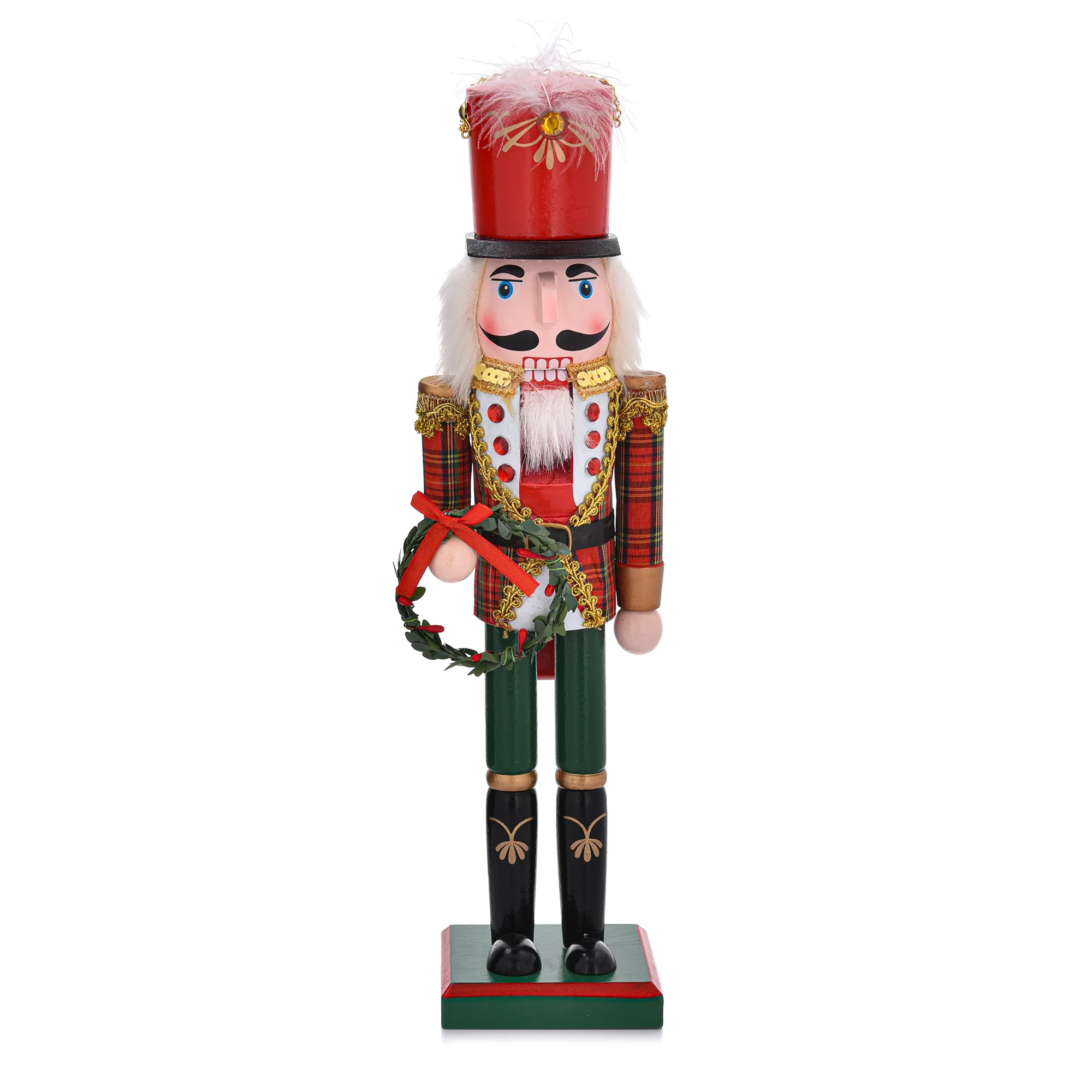 nutcracker, drewniana postać, czerwona czapka, kiczowana kurtka, wieniec dekoracyjny