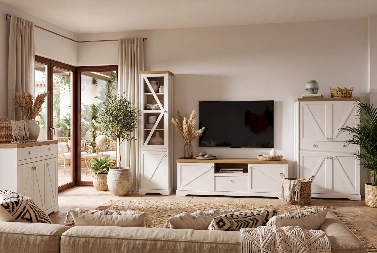 image sofa, tv stand, cabinet, potted plant, neutral decor