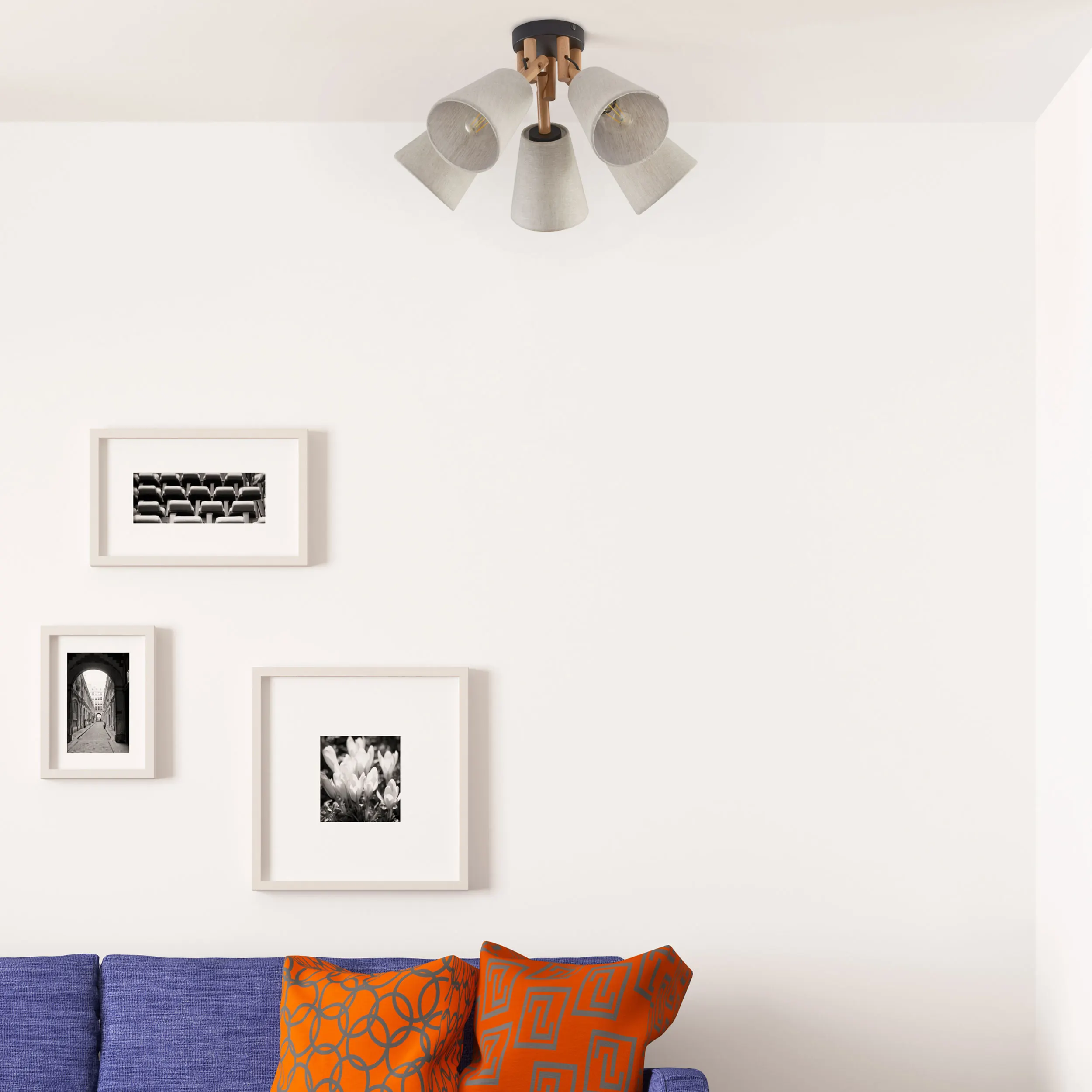 Lampa sufitowa VAIO NATURE czarna z jasnymi drewnianymi ramionami i brązowymi okrągłymi kloszami z tkaniny 50x30cm - TK_575