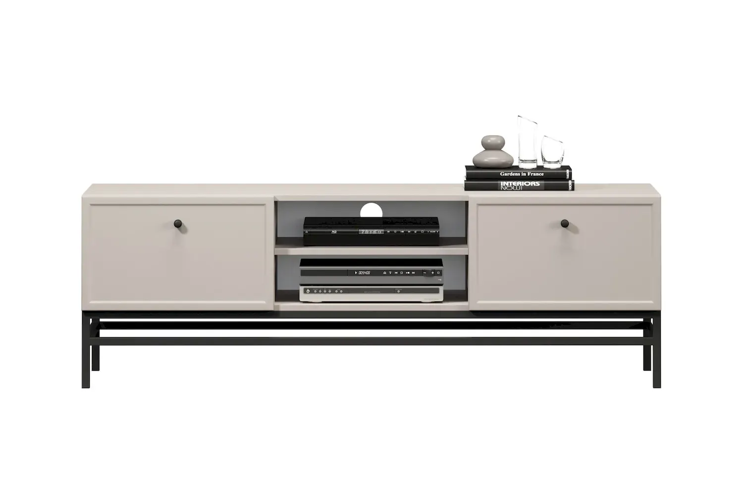 Szafka RTV z 2 szufladami LORINI 150 - cashmere gałka czarna stelaż czarny - B_166816