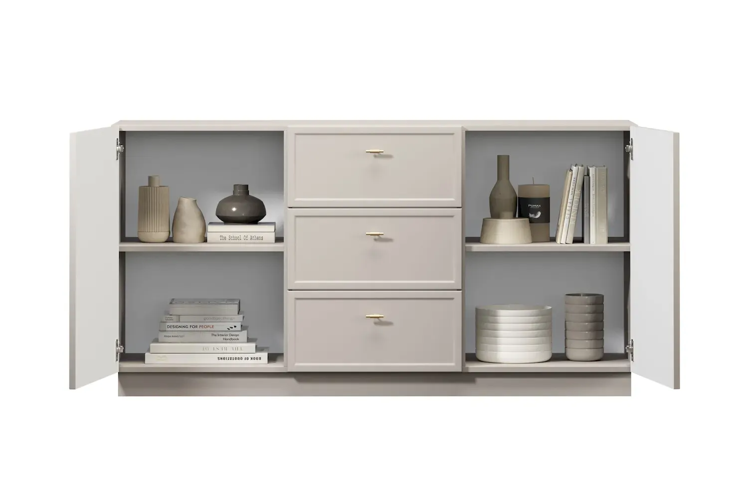 Komoda 2-drzwoiowa z 3 szufladami LORINI 150 - cashmere uchwyt T-bar złoty cokół