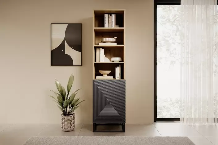 Regał ASHA 50 1D - szary - dąb artisan - czarny stelaż- ryflowany front - B_149636