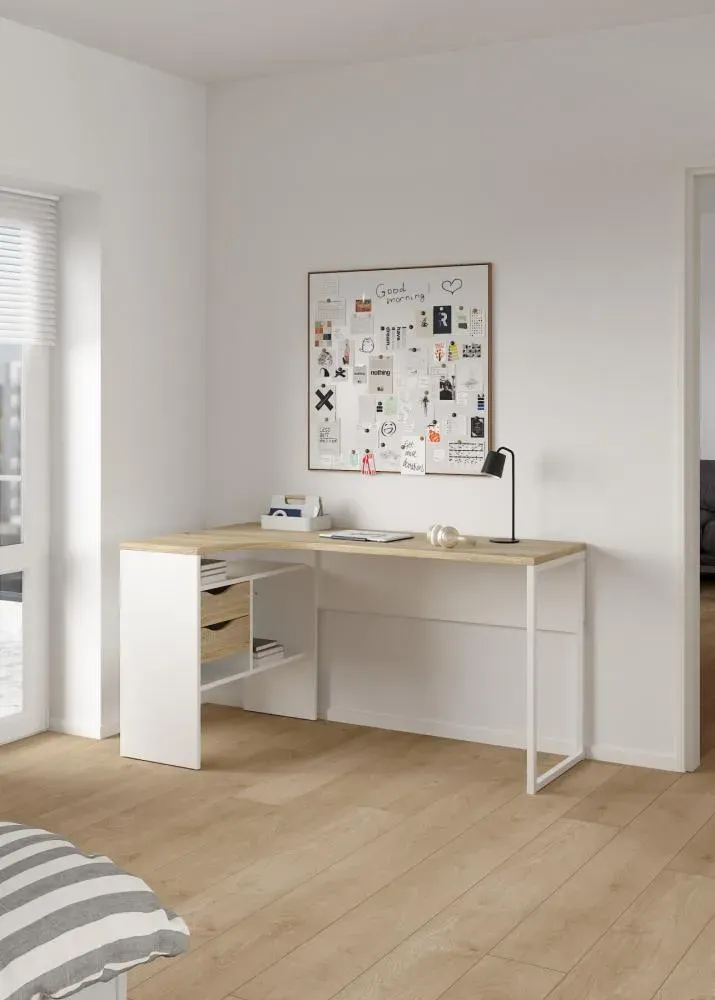 Narożne biurko z 2 szufladami FUNCTION PLUS 145cm biały/dąb - TV_8011849AK