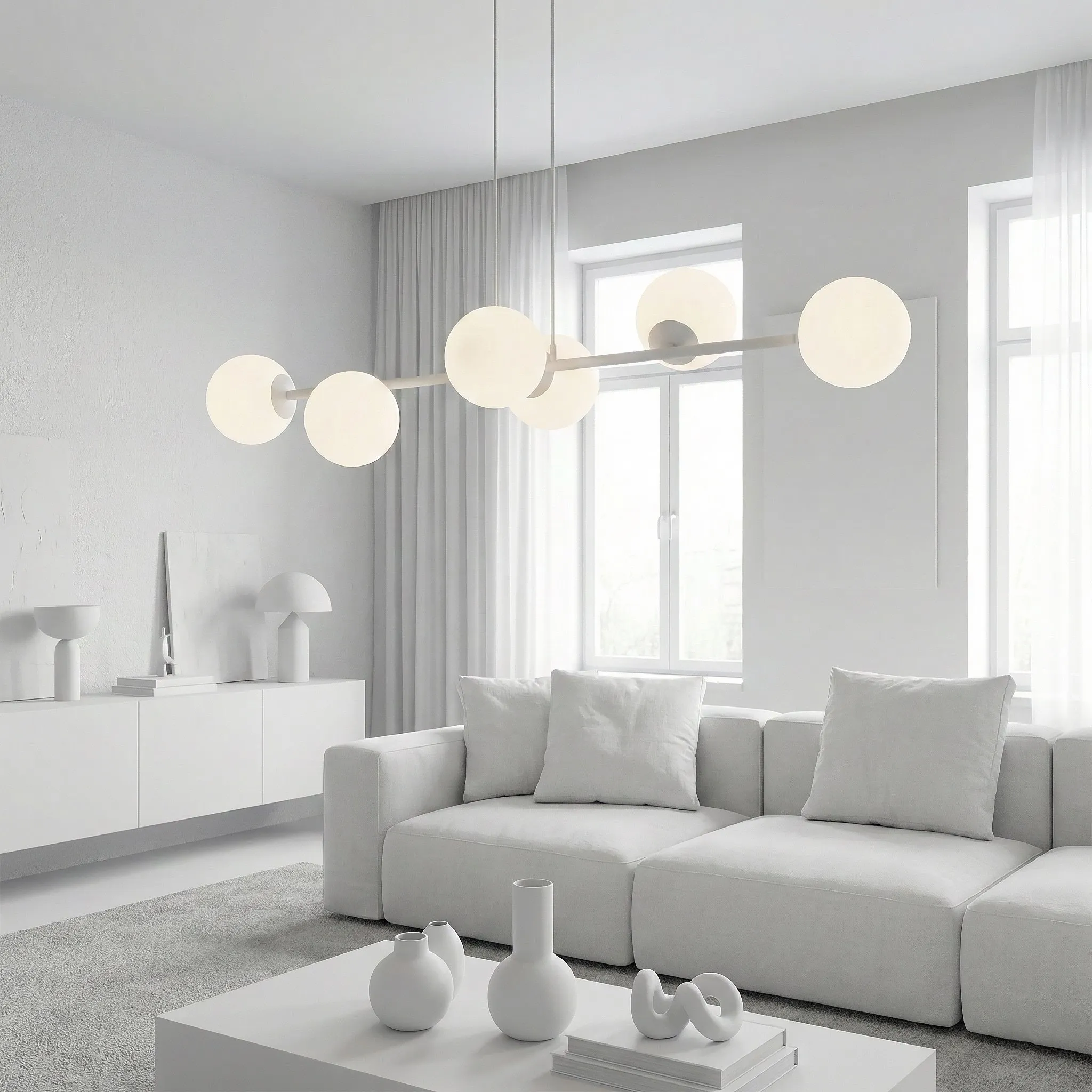 lampa wisząca, kula, minimalistyczny, biały, salon