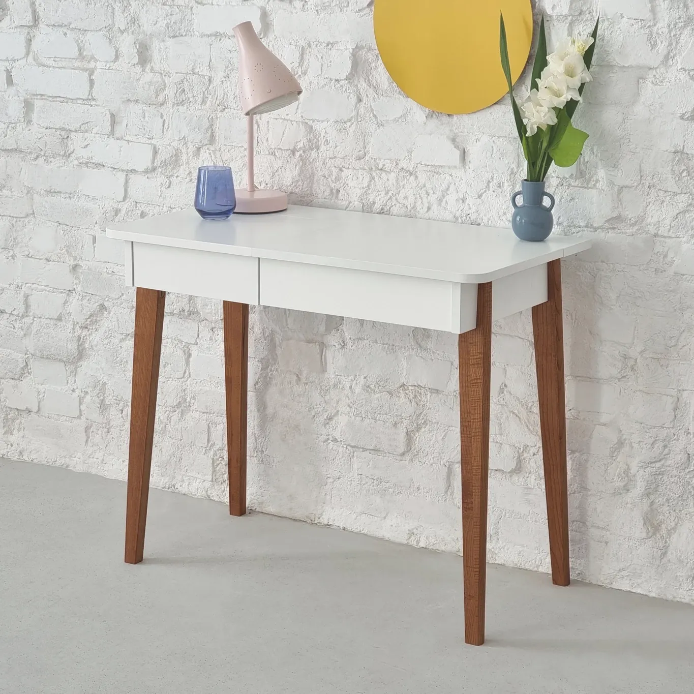 Toaletka z lustrem MEWISE 90x48cm beżowa kolor nóg dąb - RGBDTMEW14OAK