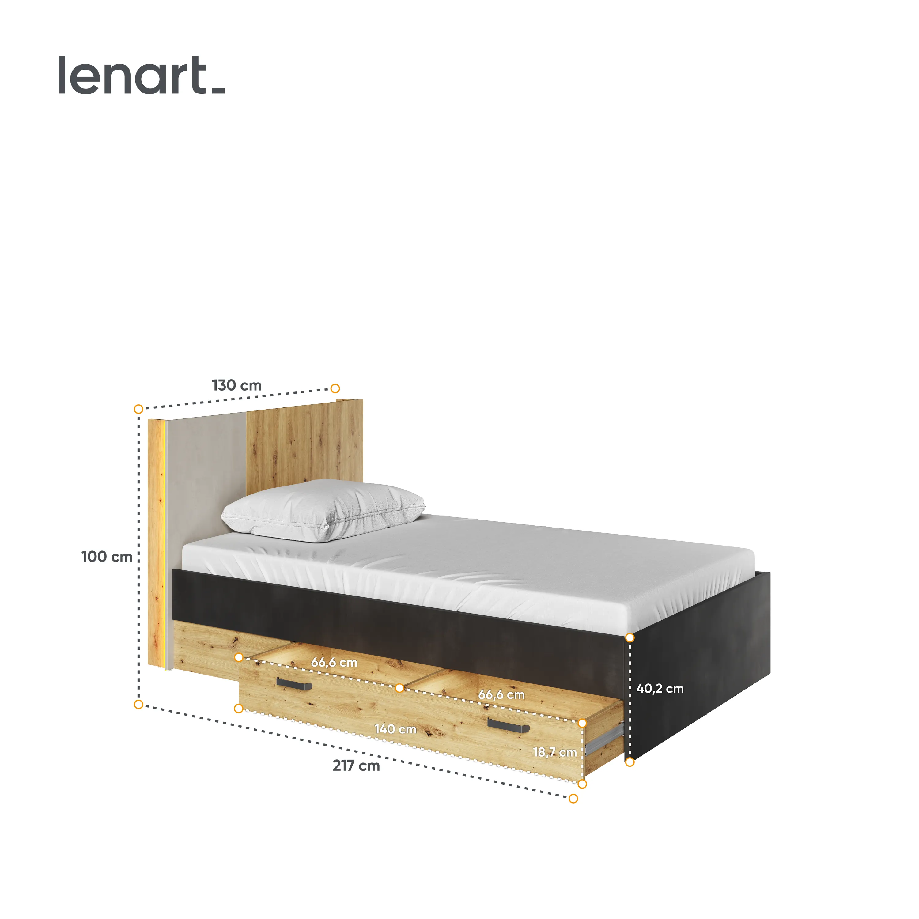 Łóżko ze stelażem LED Qubic QB-11 120x200 dąb artisan - QB11DAR