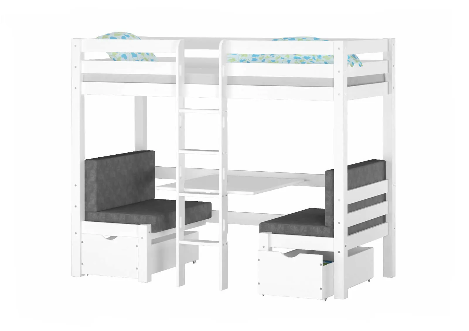 Łóżko drewniane piętrowe DOUBLE ze stelażem i siedziskiem białe - LPDOUBLEBIA90