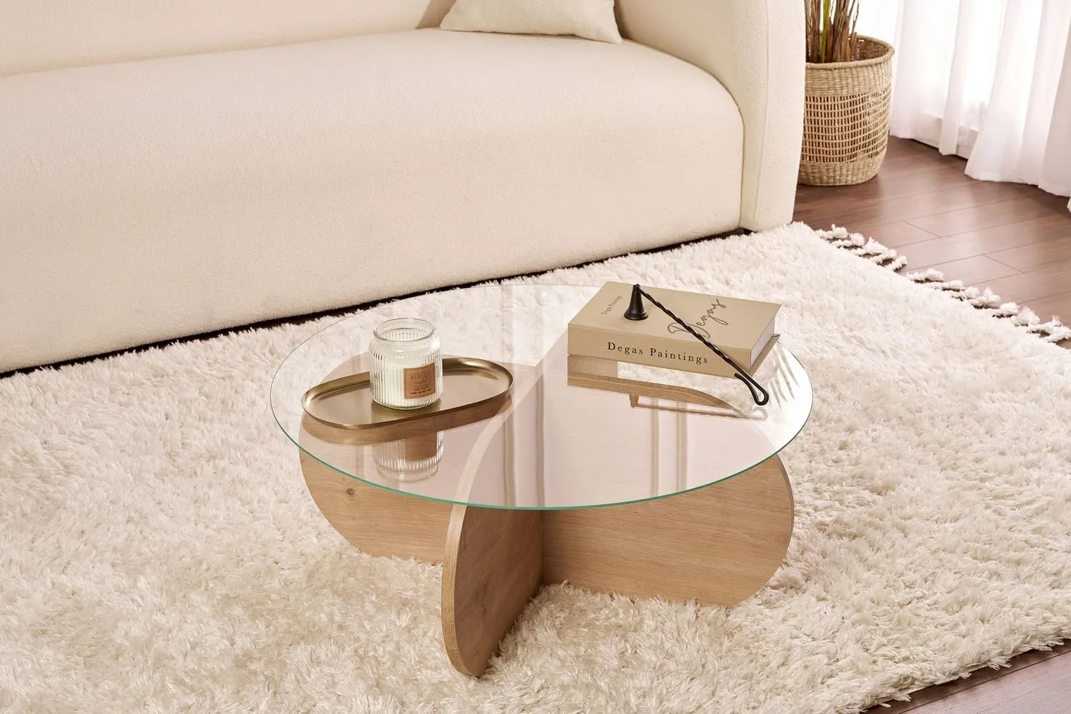 Stolik kawowy okrągły AERIS 75 cm dąb sapphire blat szklany transparentny - ASI_668NRD1101