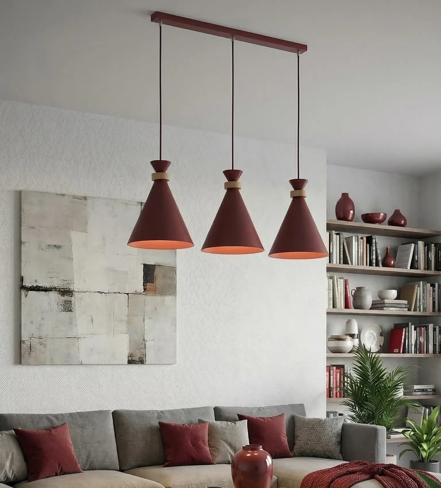 image lampa wisząca, trzy lampy, zestaw lamp, kolor ceglasty, wnętrze salonowe