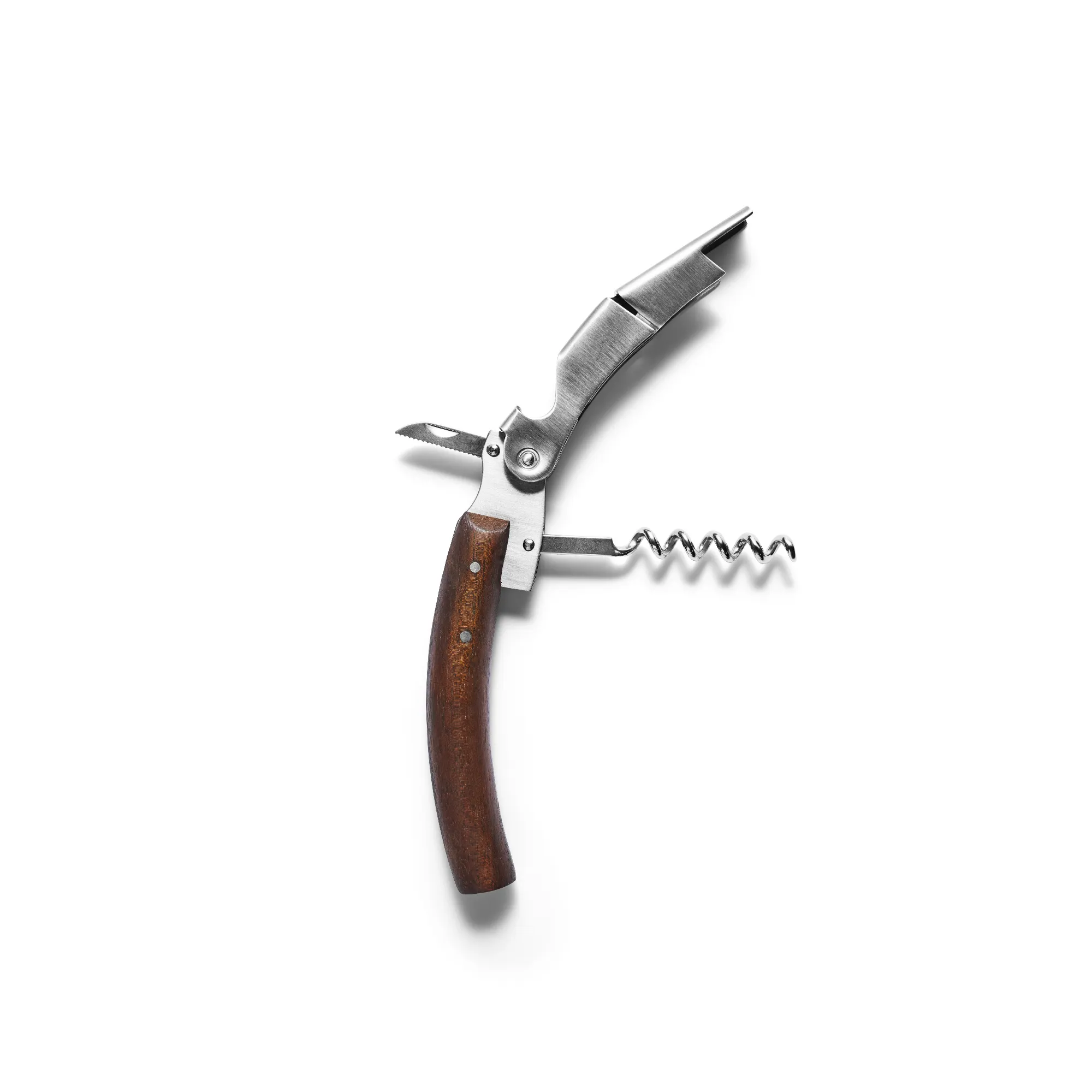 otwieracz do wina, korkociąg, drewniana rączka, stalowy korpus, nietypowy design