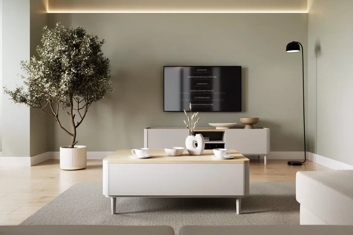 Stolik kawowy z 2 szufladami ELIVO 60x100cm drewniane nogi cashmere dąb olejowany — zdjęcie 4