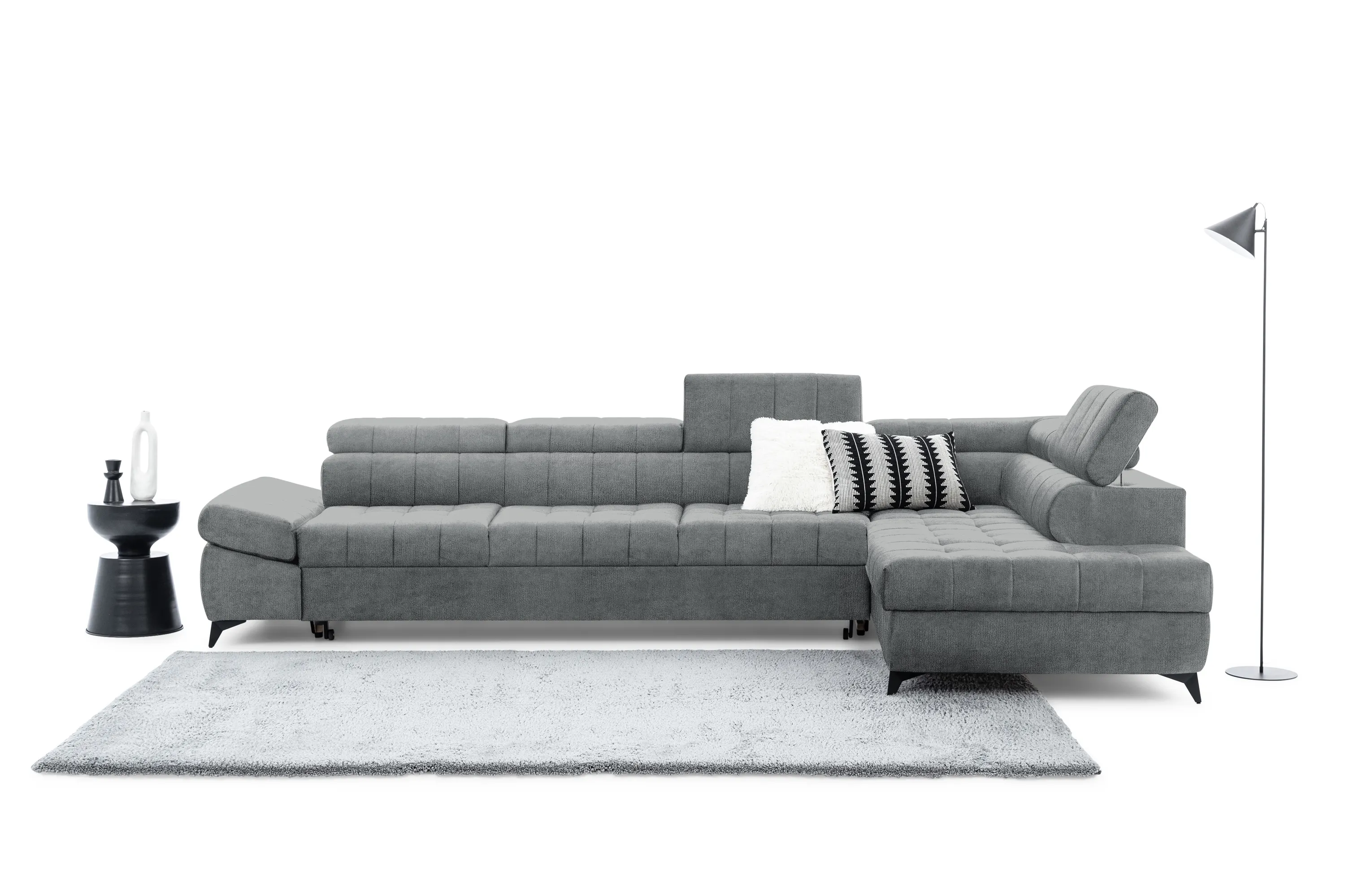 Narożnik prawostronny VALORIS MAXI regulowane zagłówki i podłokietniki tkanina Perfect harmony 85 szary - B_168602