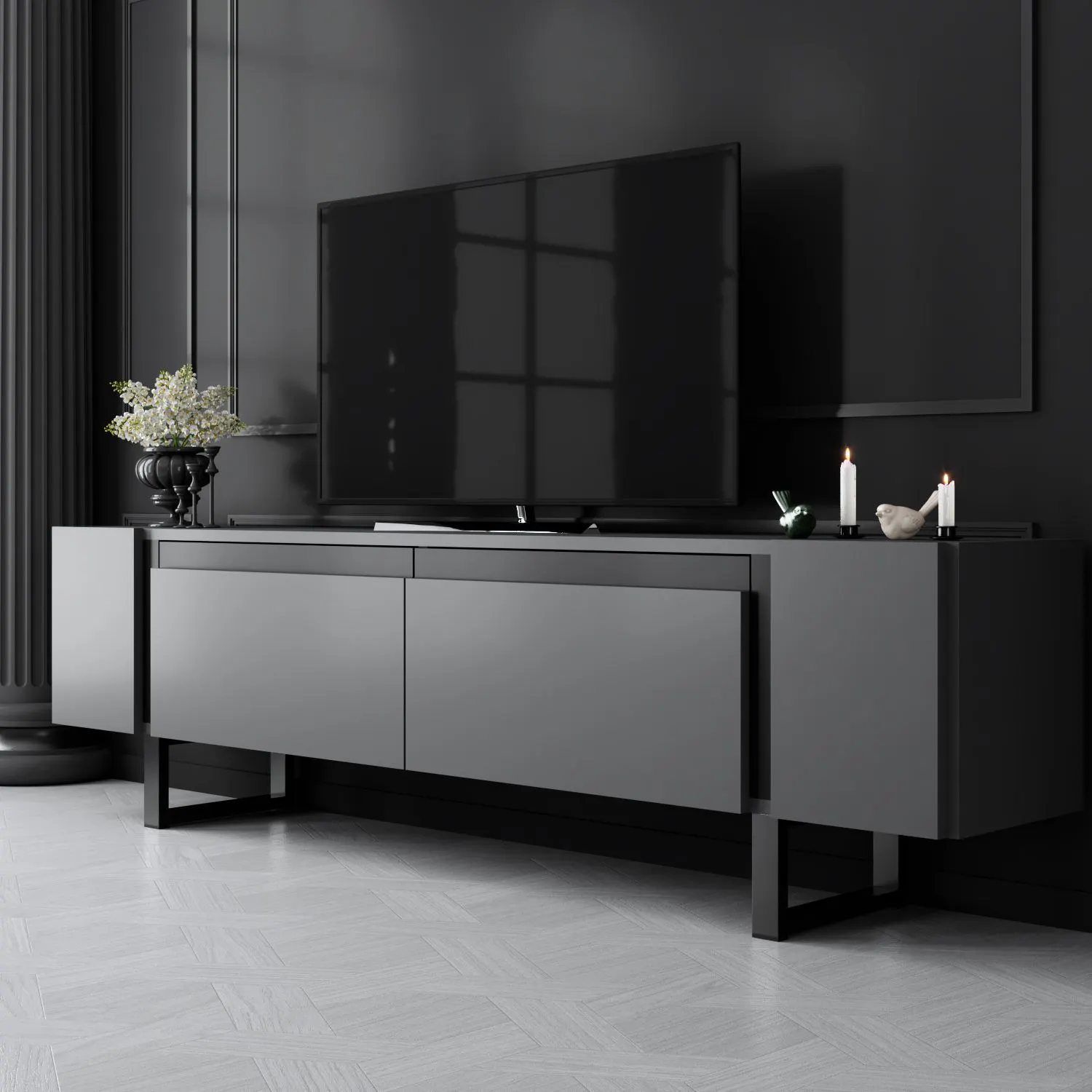 Szafka RTV z 2 klapami YILDIZ 180x30x50 cm antracyt czarny - ASI_618BLY1275